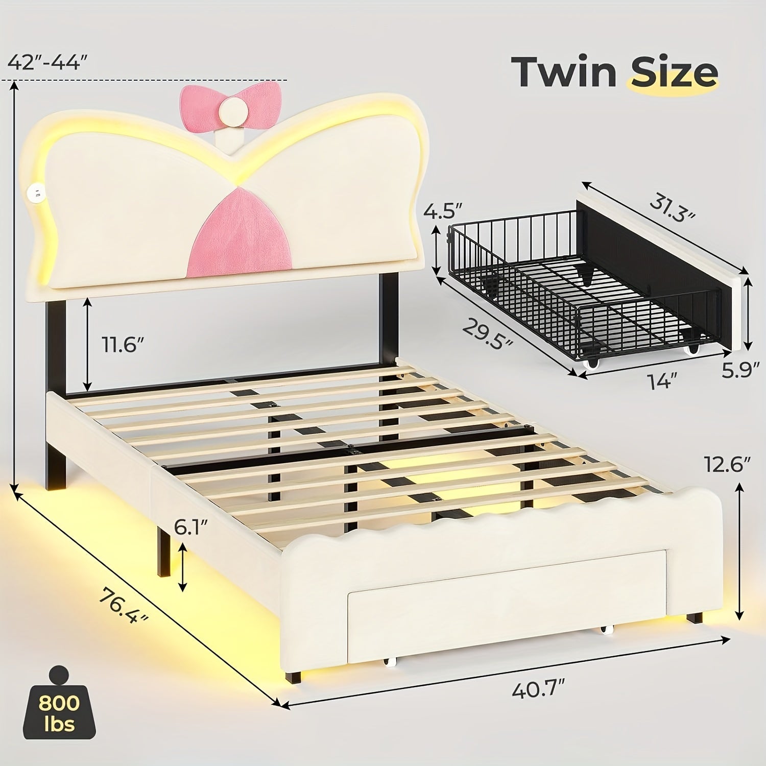 Twin Size Bed Frame With Storage Drawer LED Velvet Bed Frame Cute Girl Princess Twin Bed Butterfly Headboard Design No Box Spring Needed White
