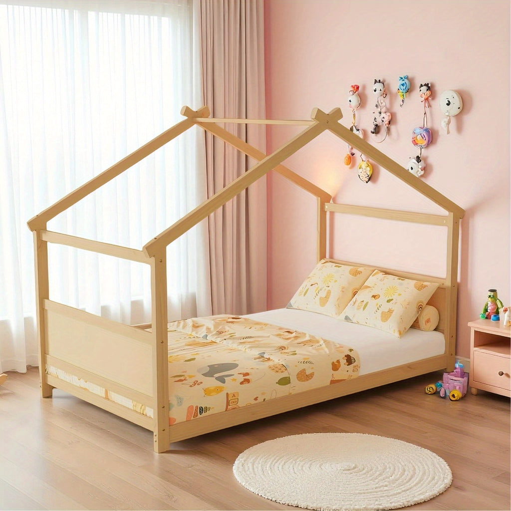 Twin Floor House Bed Frame with Headboard & Footboard - Sturdy Hardwood Construction, Space-Saving Floor Bed for Toddlers