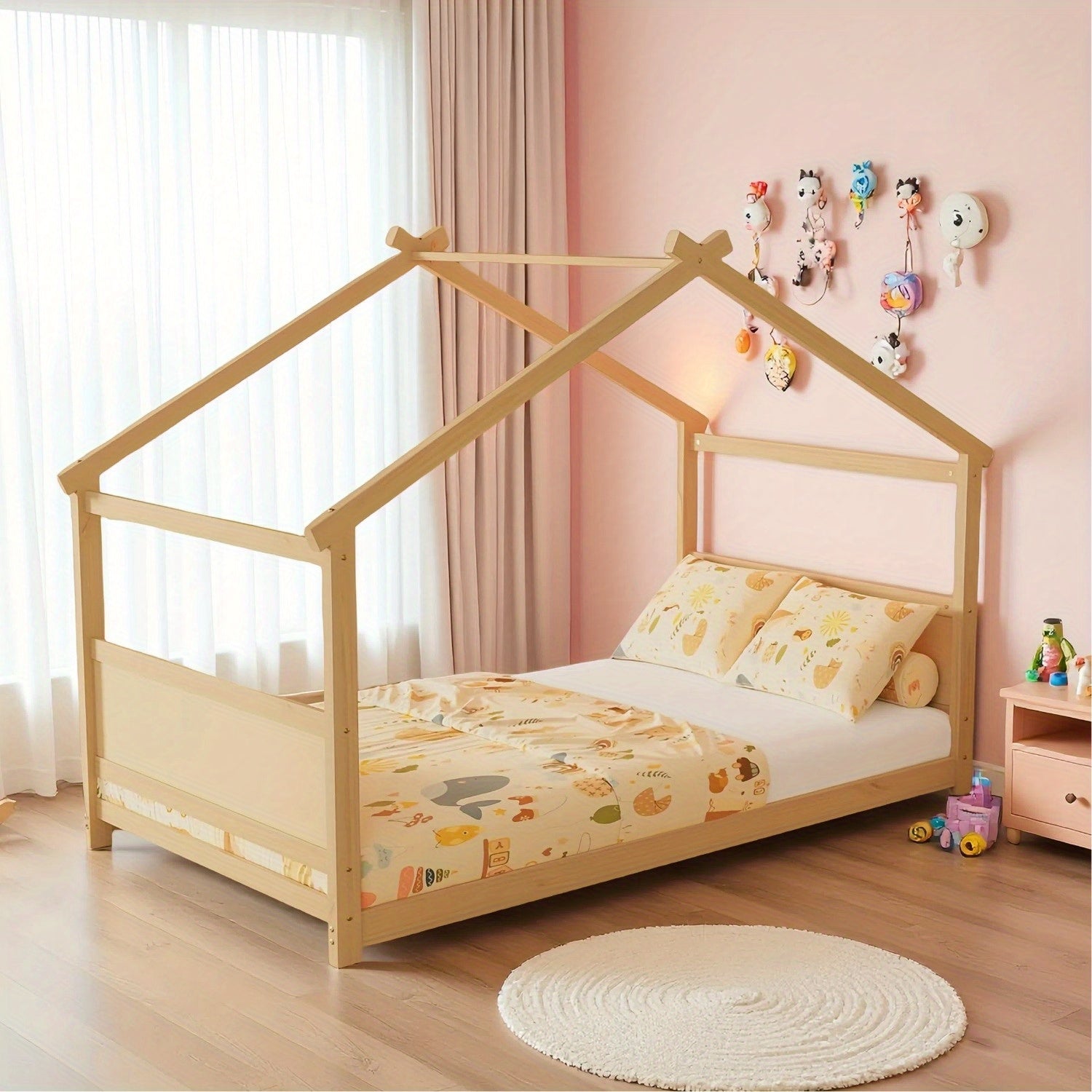 Twin Floor House Bed Frame with Headboard & Footboard - Sturdy Hardwood Construction, Space-Saving Floor Bed for Toddlers