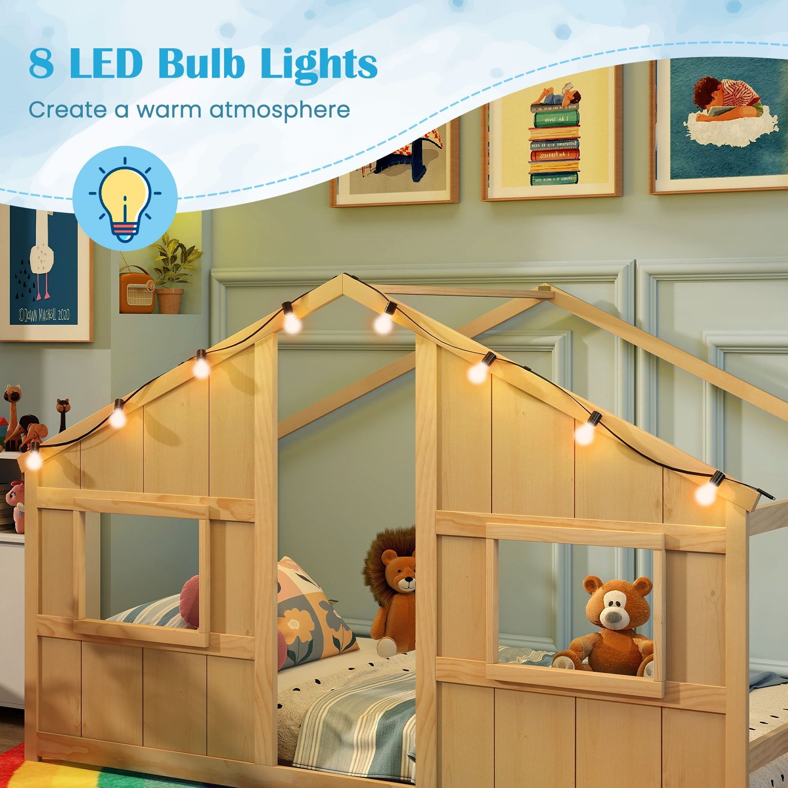 COSTWAY Twin Size House Bed with LED Lights - Slat-Free Floor Bed with Roof & Windows, Solid Wood Construction