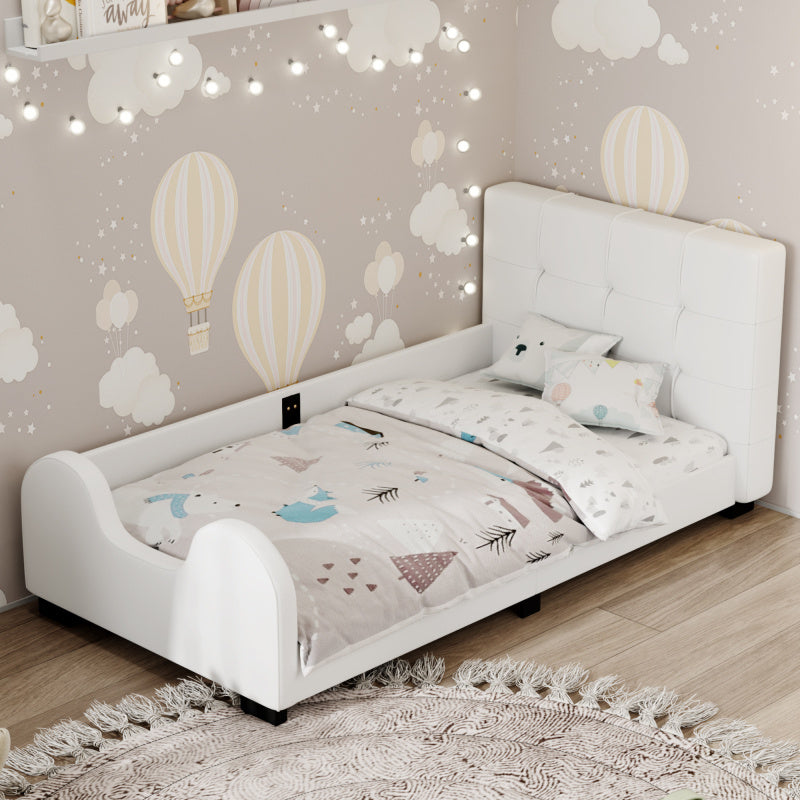 Twin Size Upholstered Platform Bed with Guardrail White