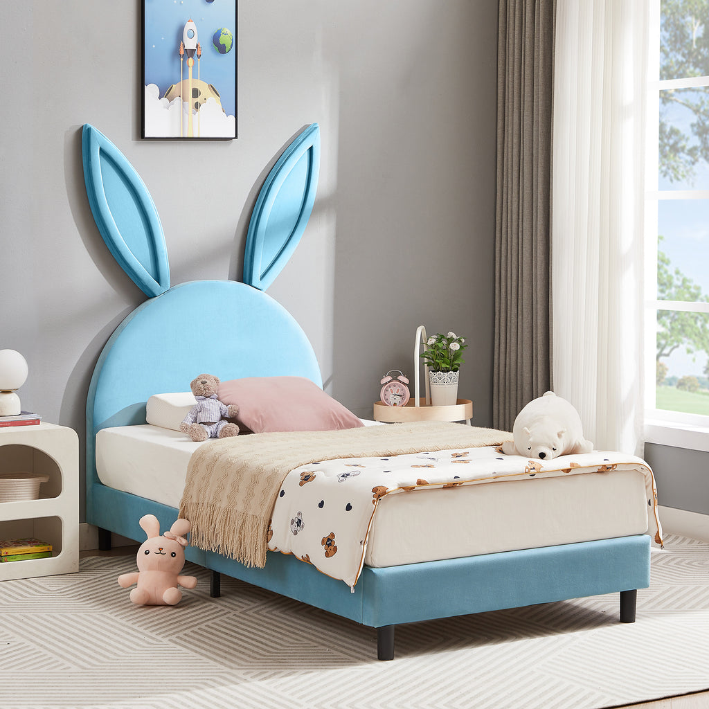 Twin Size Bed Frame with Upholstered Bunny Ears Headboard Wooden Slats Support No Boxing Spring Needed