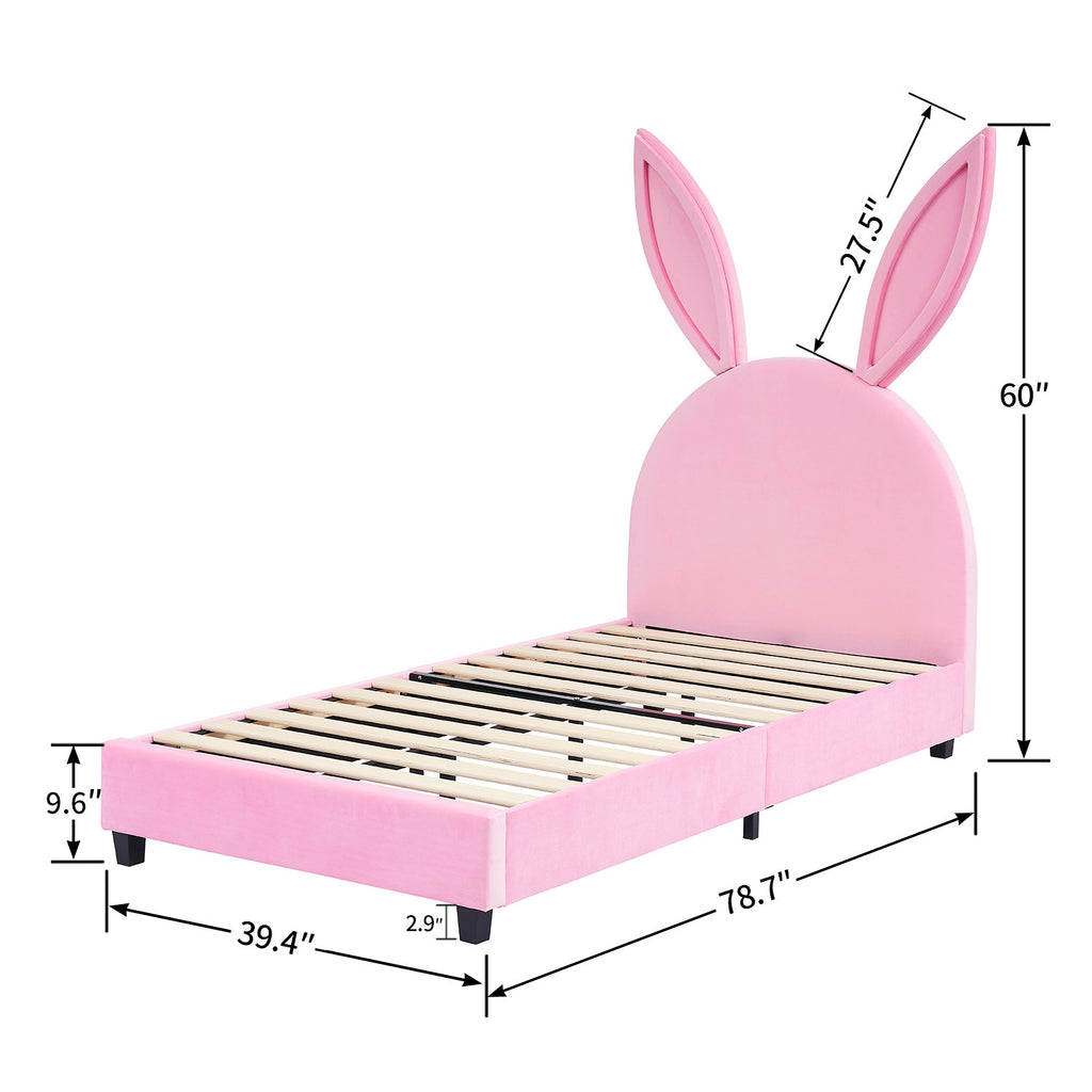 Twin Size Bed Frame with Upholstered Bunny Ears Headboard Wooden Slats Support No Boxing Spring Needed