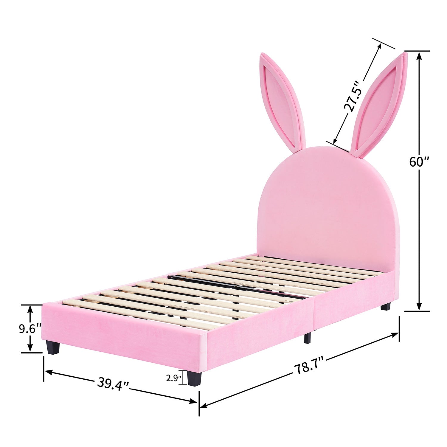 Twin Size Bed Frame with Upholstered Bunny Ears Headboard Wooden Slats Support No Boxing Spring Needed