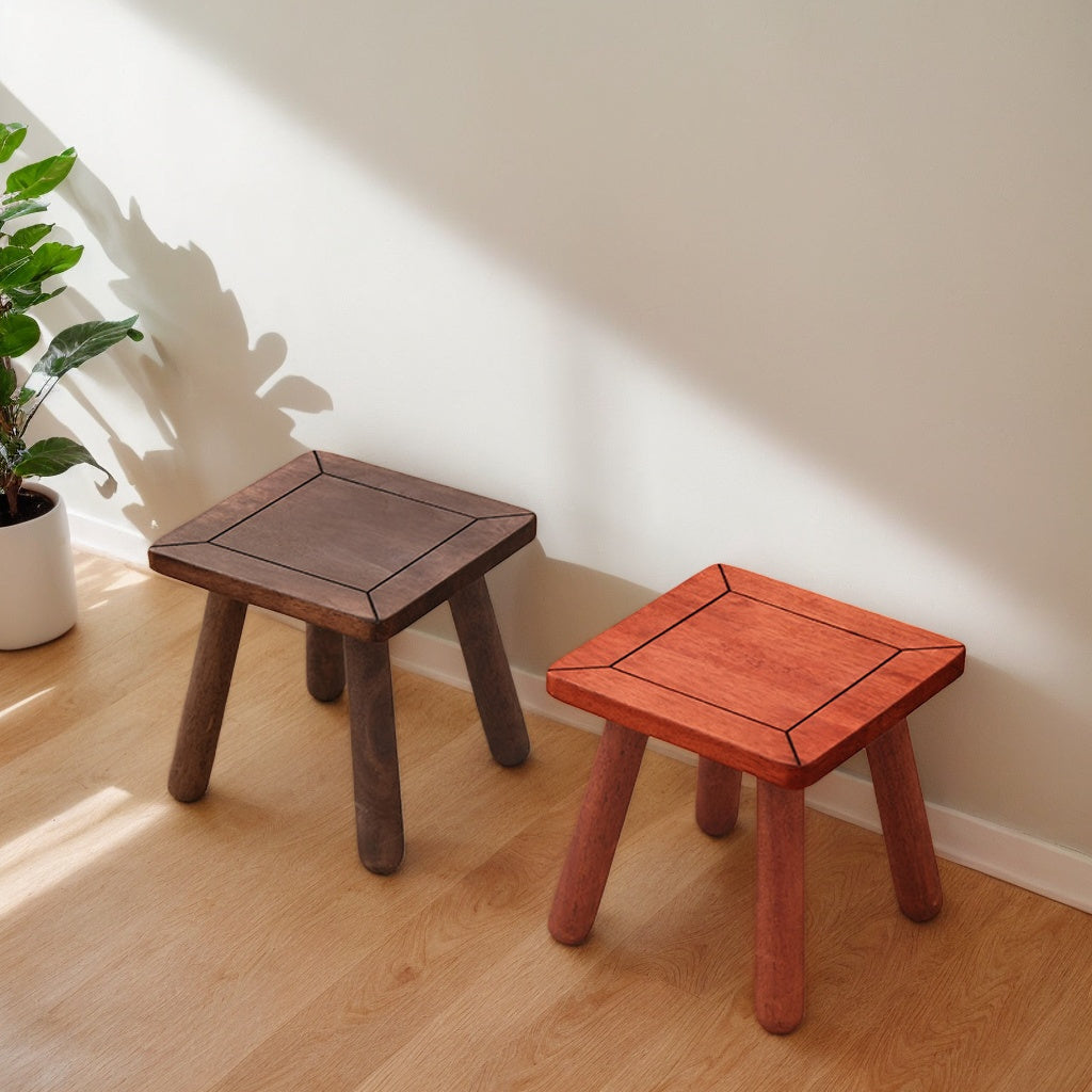 1pc Rubberwood Square Footstool - Solid Wood Compact Stool for Home & Office, Red\u002FBlack