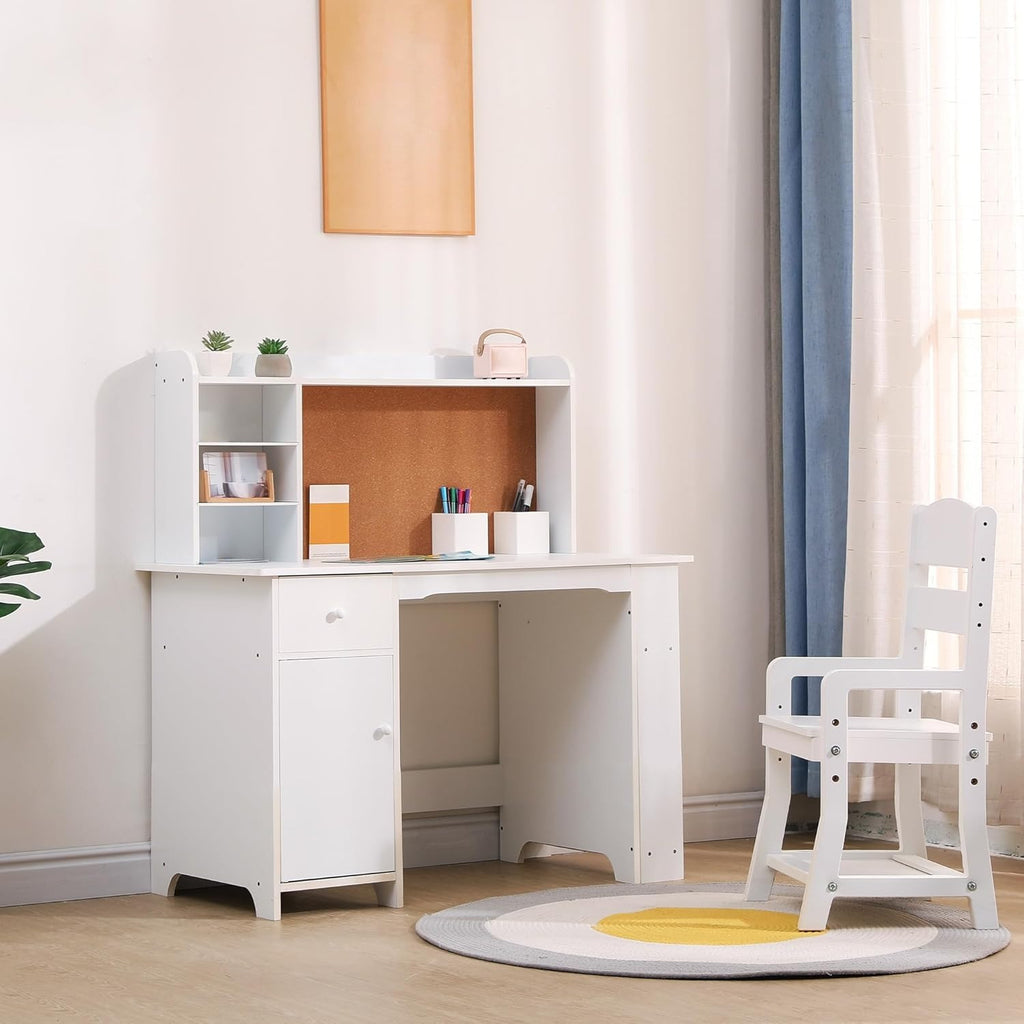 MERXENG Kids Study Desk and Chair Set - White Retro Style with Bookshelf, Bulletin Board, Cabinets & Drawer