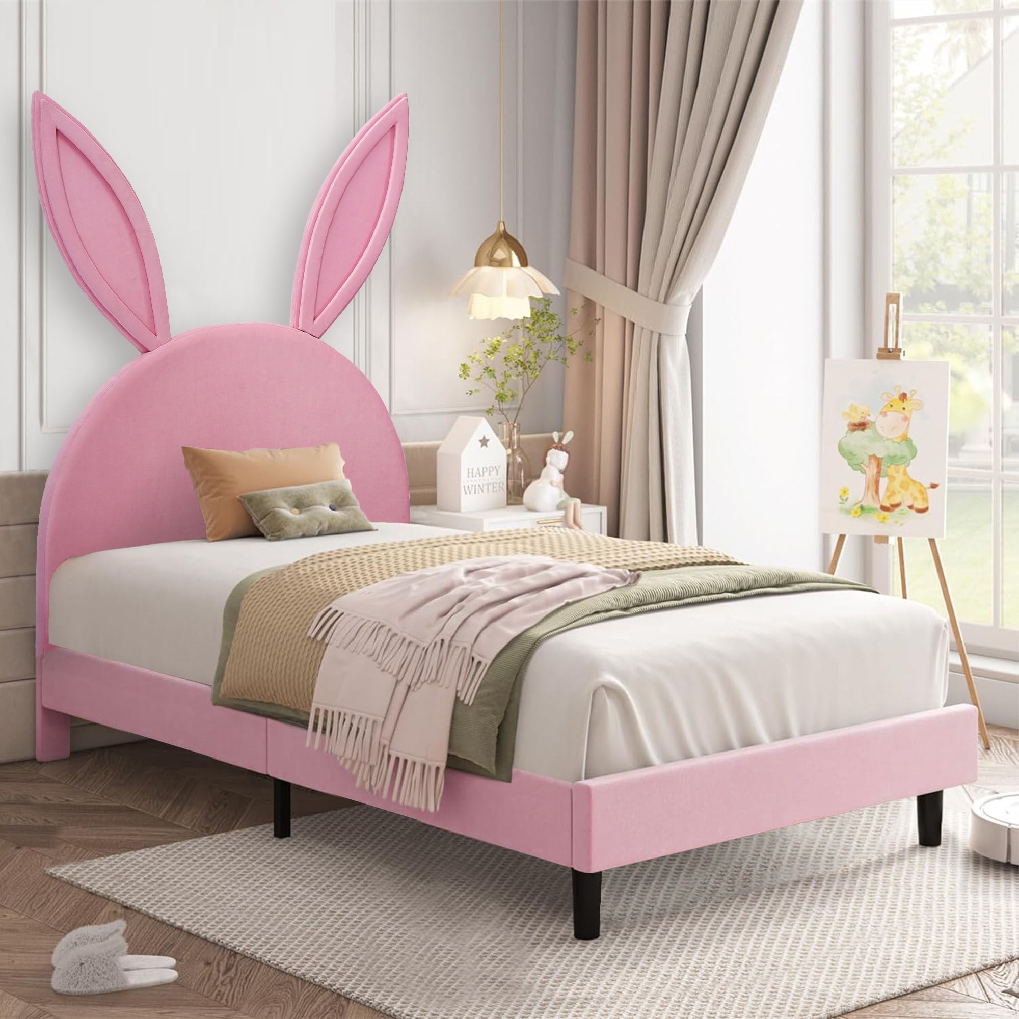 Twin Size Bed Frame with Upholstered Bunny Ears Headboard Wooden Slats Support No Boxing Spring Needed