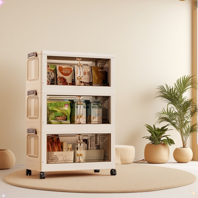 3-6 Tier Heavy-Duty Foldable Storage Cabinet with Wheels - Durable Plastic Organizer for Kitchen