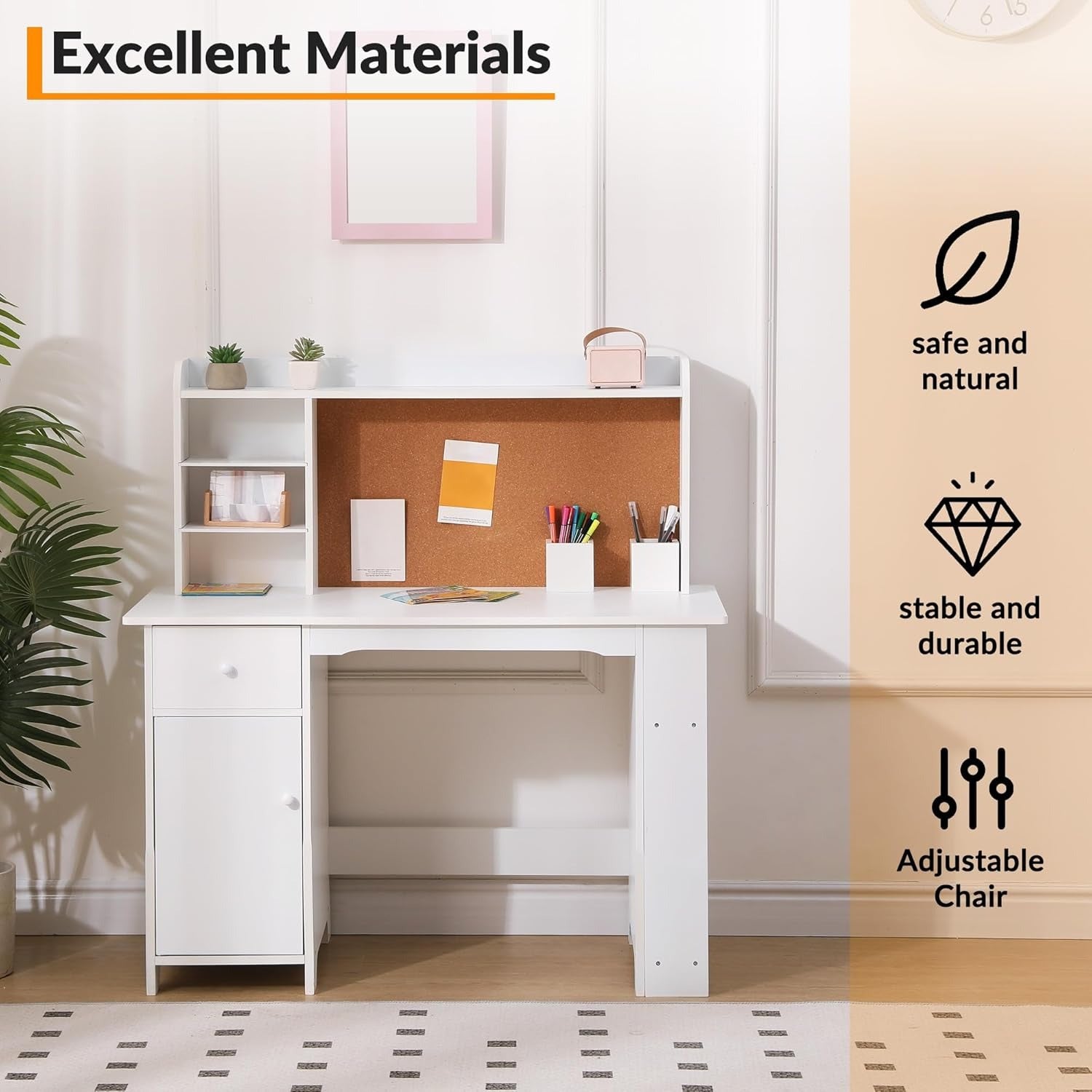 MERXENG Kids Study Desk and Chair Set - White Retro Style with Bookshelf, Bulletin Board, Cabinets & Drawer