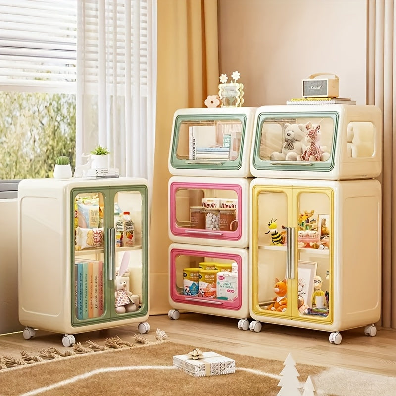 1-Pack Multifunctional Rolling Storage Cabinet with Wheels, Stackable Plastic Organizer with Transparent Doors & Pastel Colors