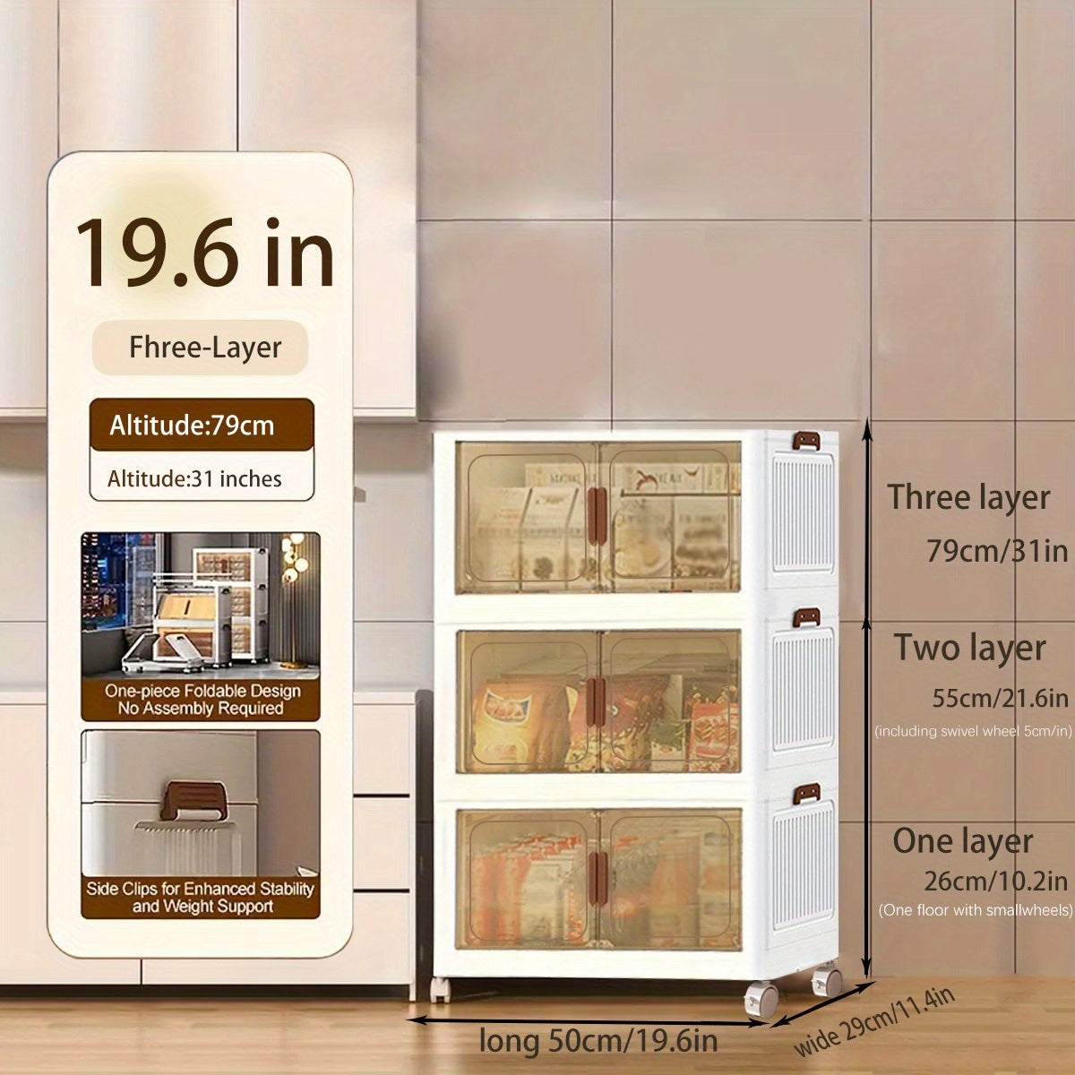 19.69inch Large Heavy-Duty White PP Plastic Foldable & Collapsible Storage Cabinet with ic Doors & Locking Drawers