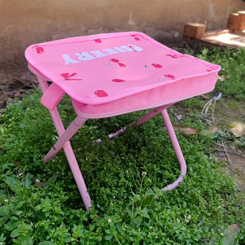 Portable Pink Cherry-Themed Folding Stool with Zipper Pocket - Lightweight, Durable Stainless Steel Square Tote for Picnics