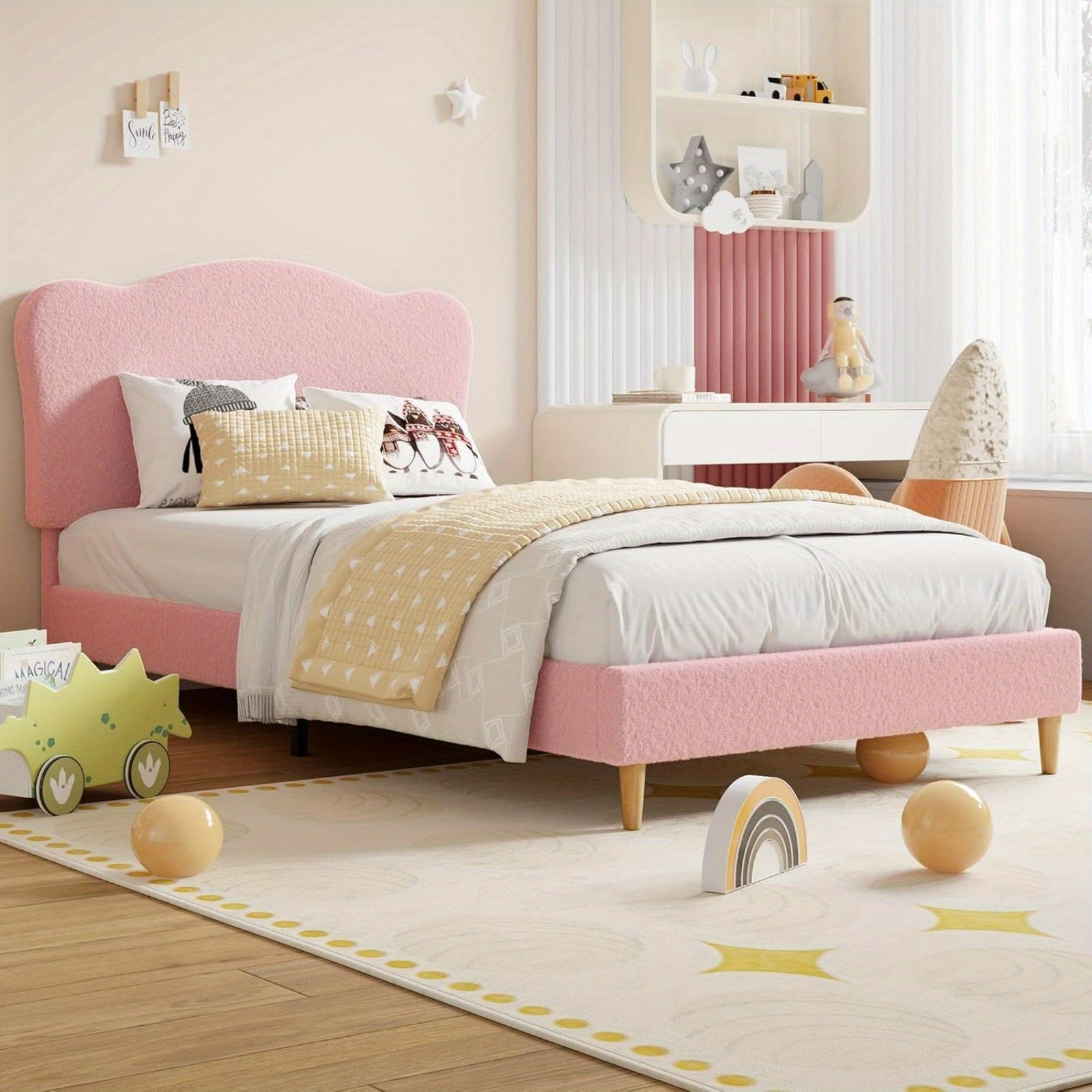 Twin Bed Frame for Youngest Cuties Littles Adult, Platform Bed Frame with Boucle Headboard