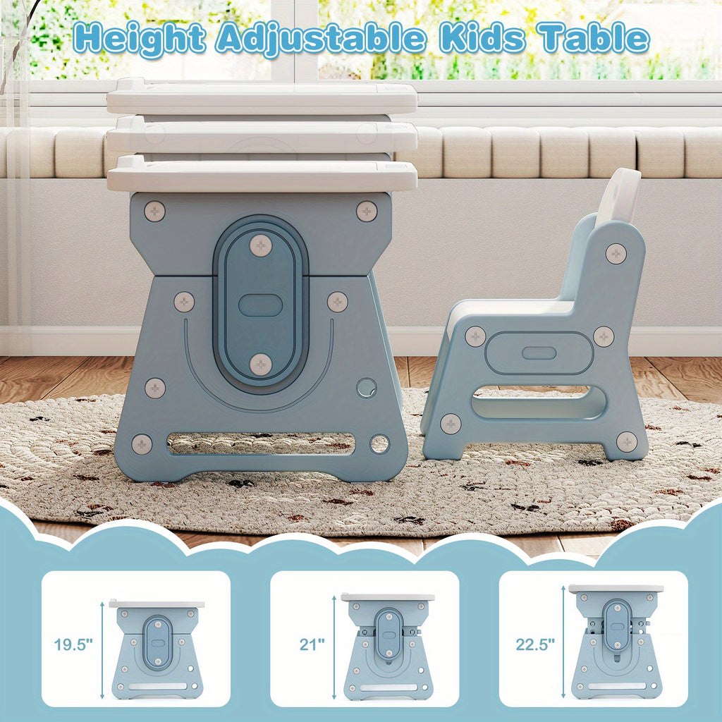COSTWAY Kids Table and Chair Set with Adjustable Height & Tiltable Whiteboard - Blue Plastic Toddler Learning Table