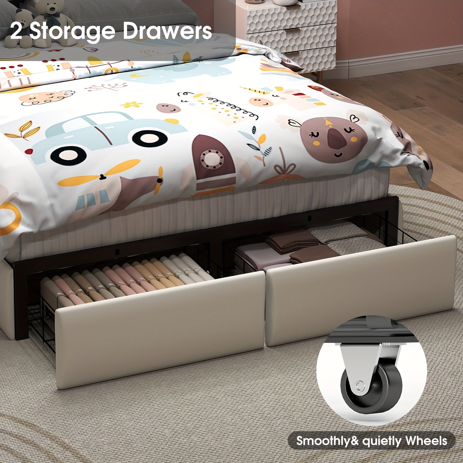 Twin\u002FFull Upholstered LED Bed Frame with Storage Drawer and Chic Double Wavy Headboard