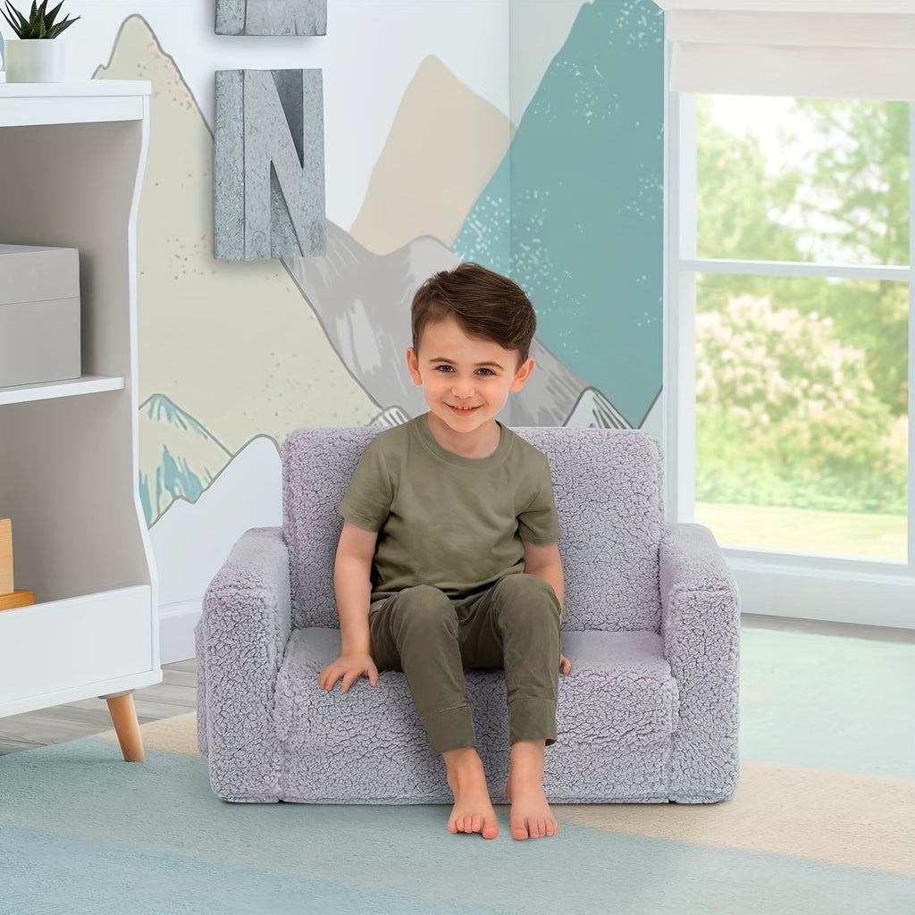 2-in-1 Convertible Sherpa Sofa to Recliner Chair - Soft Plush Gray\u002FPink\u002FWhite Youngsters Lounge Chair with Storage Pocket