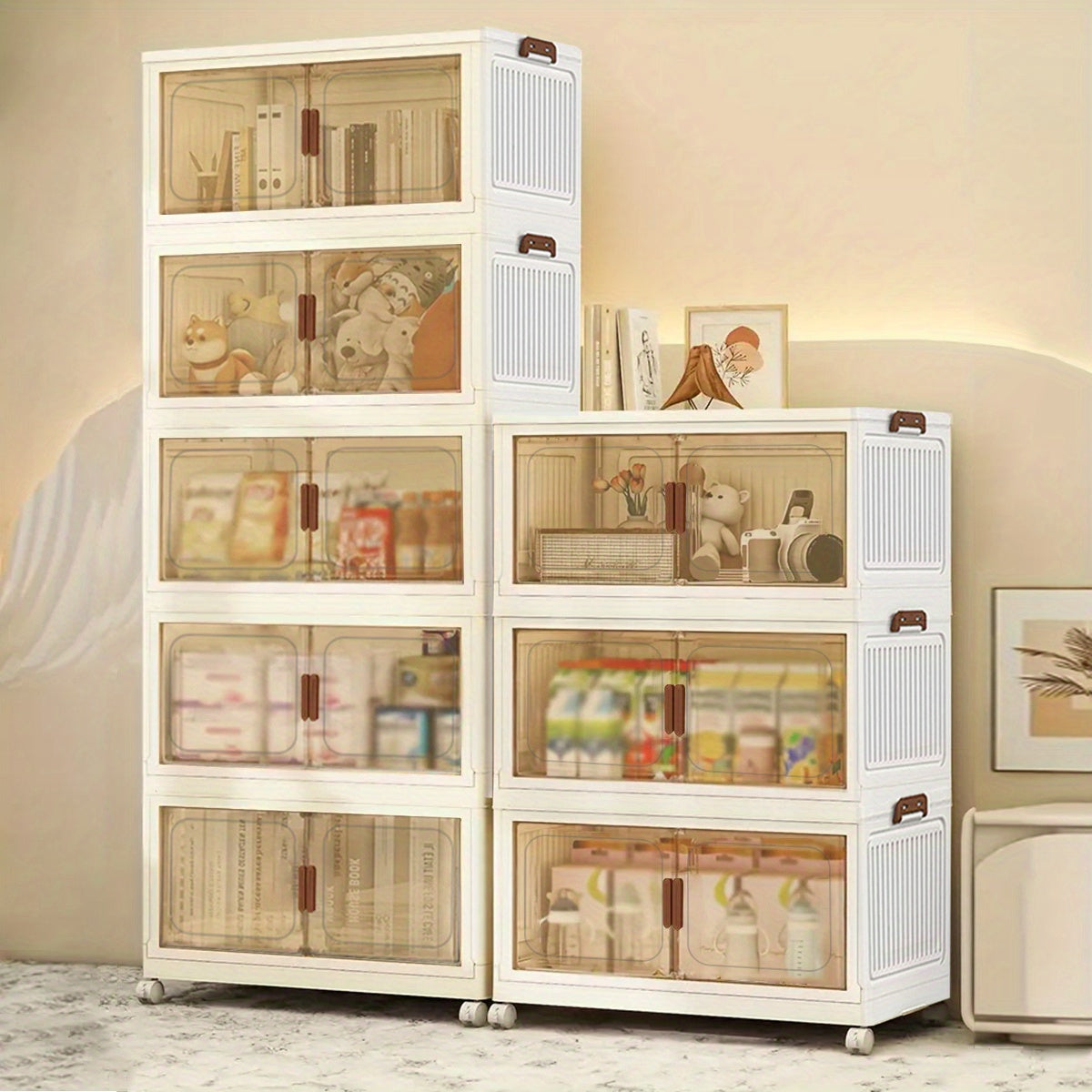 19.69inch Large Multi-Layer Storage Cabinet with Wheels & Doors - Heavy-Duty Plastic Organizer with Foldable Design