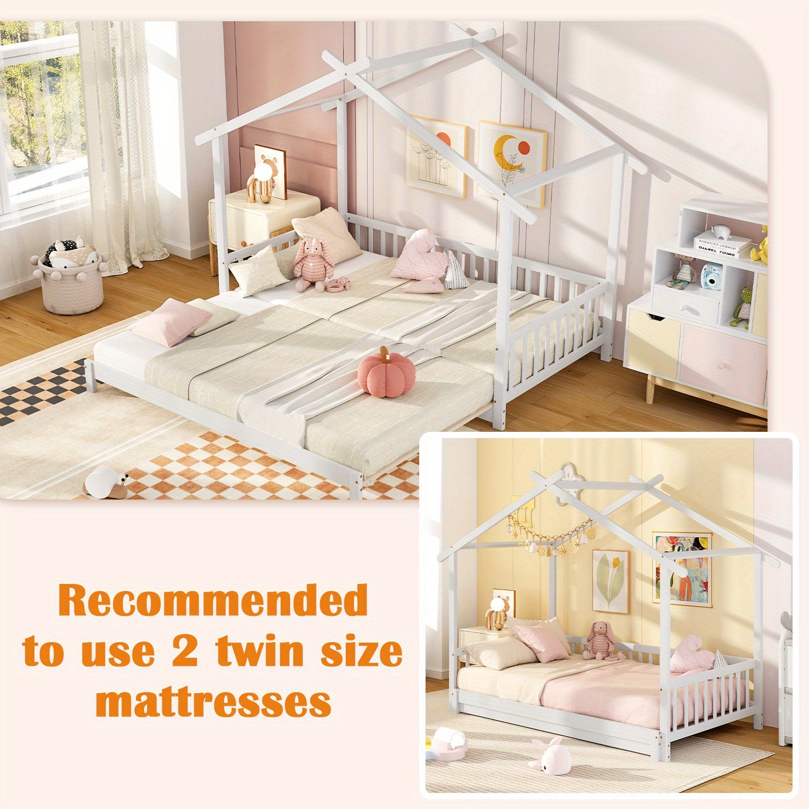 Versatile Extendable Youngsters' House Bed - Twin to King Size, with Roof & Safety Rails