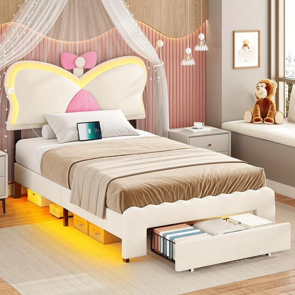 Twin Size Bed Frame With Storage Drawer LED Velvet Bed Frame Cute Girl Princess Twin Bed Butterfly Headboard Design No Box Spring Needed White