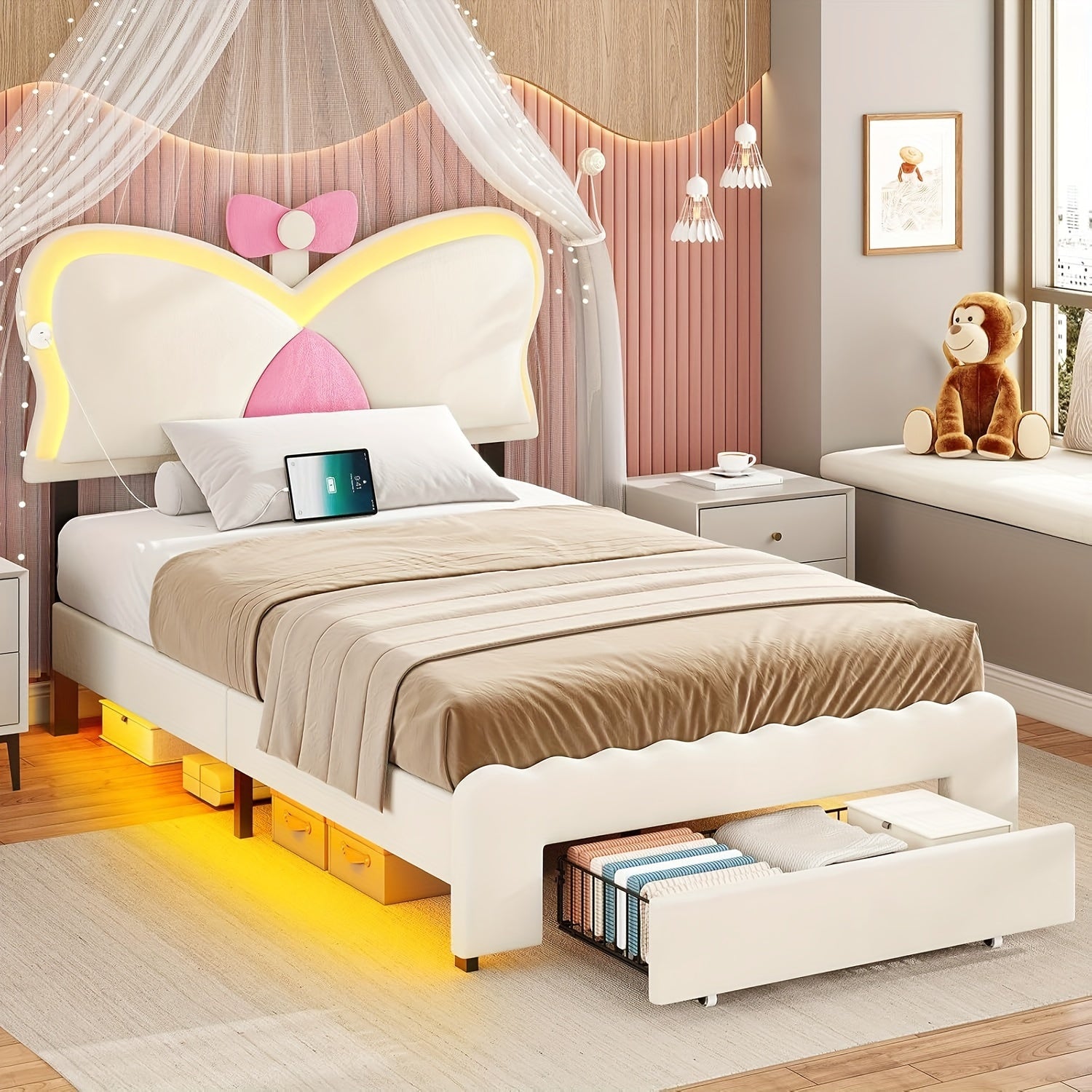 Twin Size Bed Frame With Storage Drawer LED Velvet Bed Frame Cute Girl Princess Twin Bed Butterfly Headboard Design No Box Spring Needed White