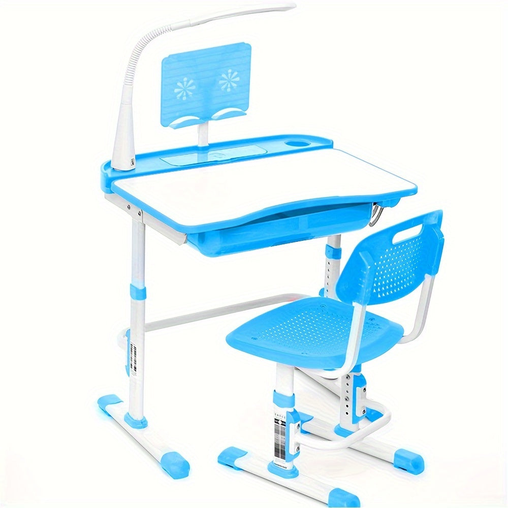 LVYUAN Kids Study Desk And Chair Set, Blue Metal, Height-Adjustable, Ergonomic, with Tilting Tabletop And Adjustable Lamp