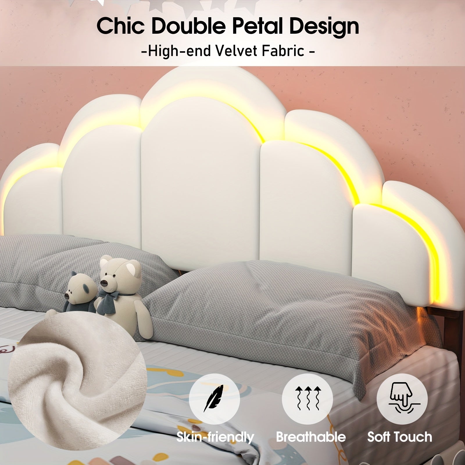 Twin\u002FFull Upholstered LED Bed Frame with Storage Drawer and Chic Double Wavy Headboard