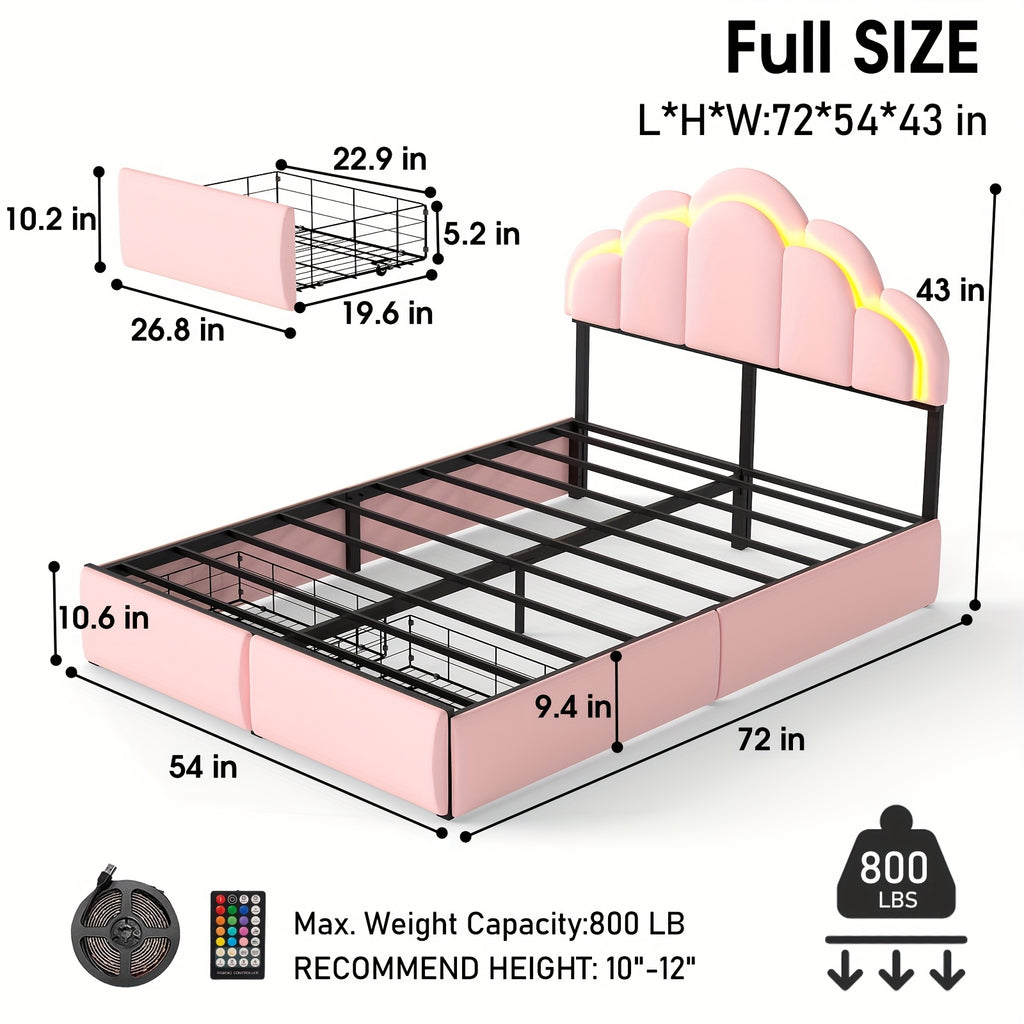 Twin\u002FFull Upholstered LED Bed Frame with Storage Drawer and Chic Double Wavy Headboard