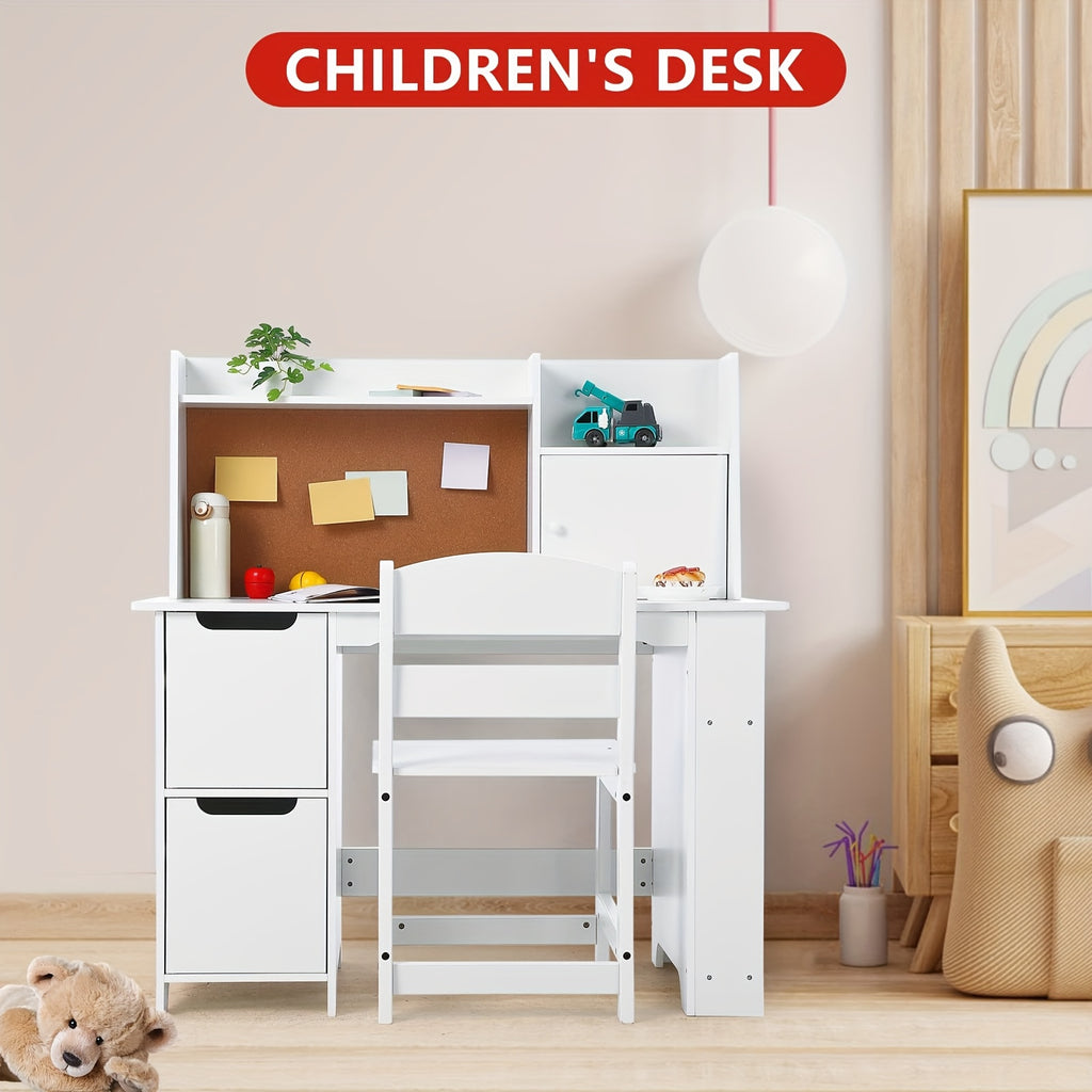 Kids Study Desk and Chair Set with Storage - White Learning Table with Bookshelf, Cabinets & Adjustable Chair