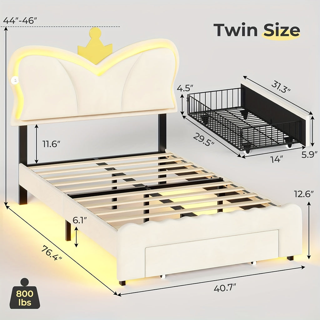 Twin Size Bed Frame With Storage Drawer LED Velvet Bed Frame Cute Girl Princess Twin Bed Butterfly Headboard Design No Box Spring Needed White