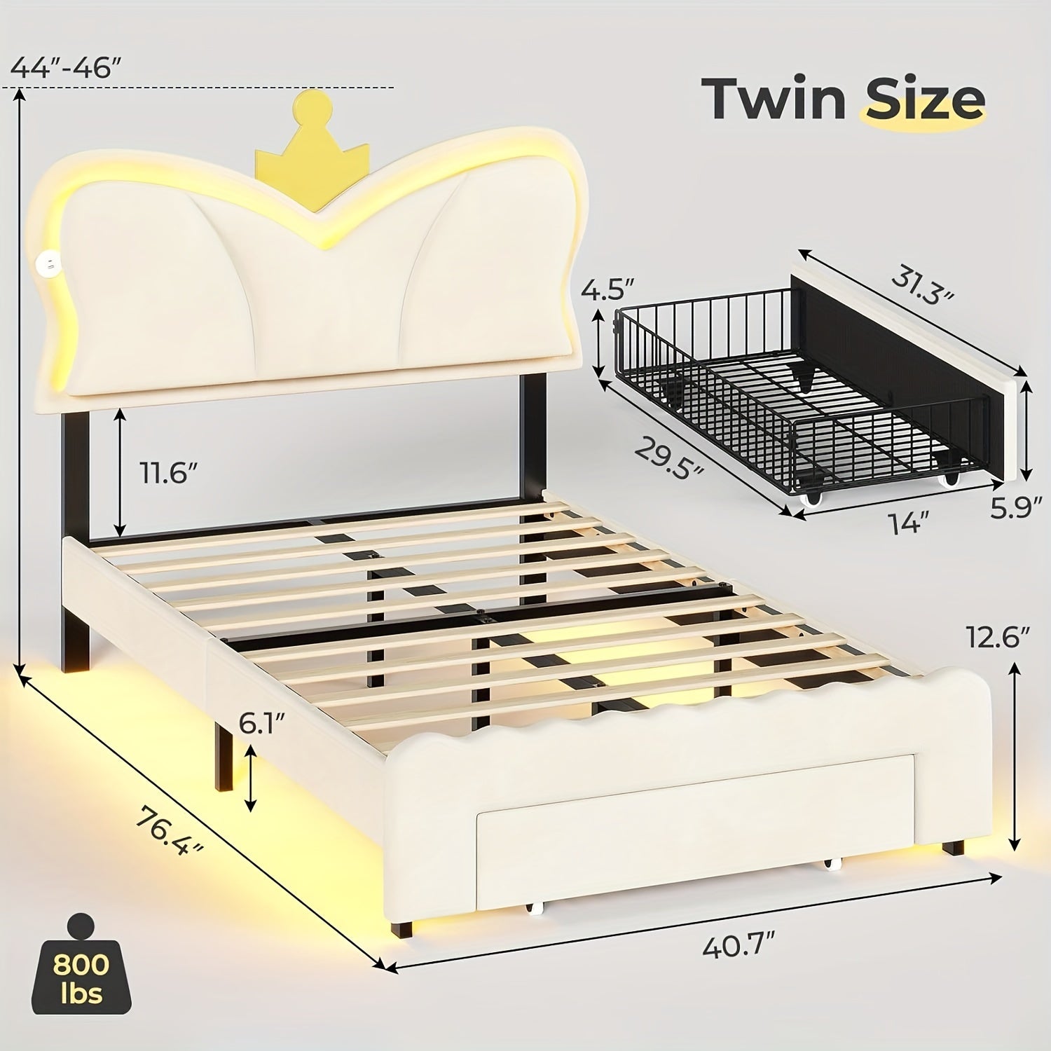 Twin Size Bed Frame With Storage Drawer LED Velvet Bed Frame Cute Girl Princess Twin Bed Butterfly Headboard Design No Box Spring Needed White