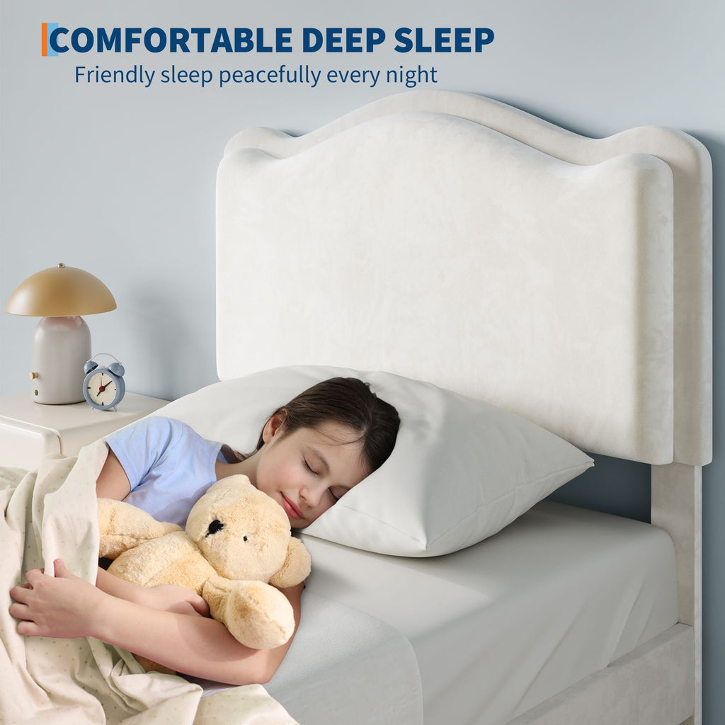 GAOMON Twin Girls Bed Frame with 2 Storage Drawers & Wavy Headboard - Beige Princess Upholstered Platform Bed