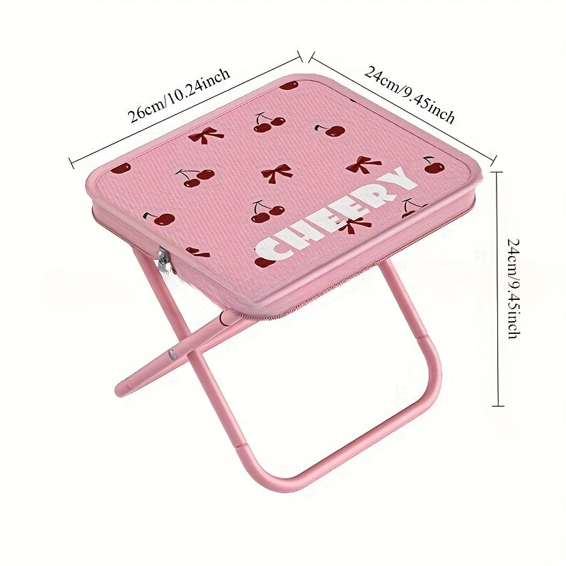 Portable Pink Cherry-Themed Folding Stool with Zipper Pocket - Lightweight, Durable Stainless Steel Square Tote for Picnics