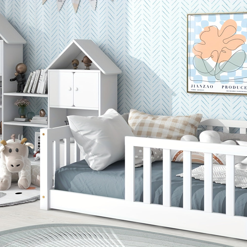 Twin Size Floor Bed with Safety Fence - Low-Profile Bed Frame, White & Wood Tone ( Brown)