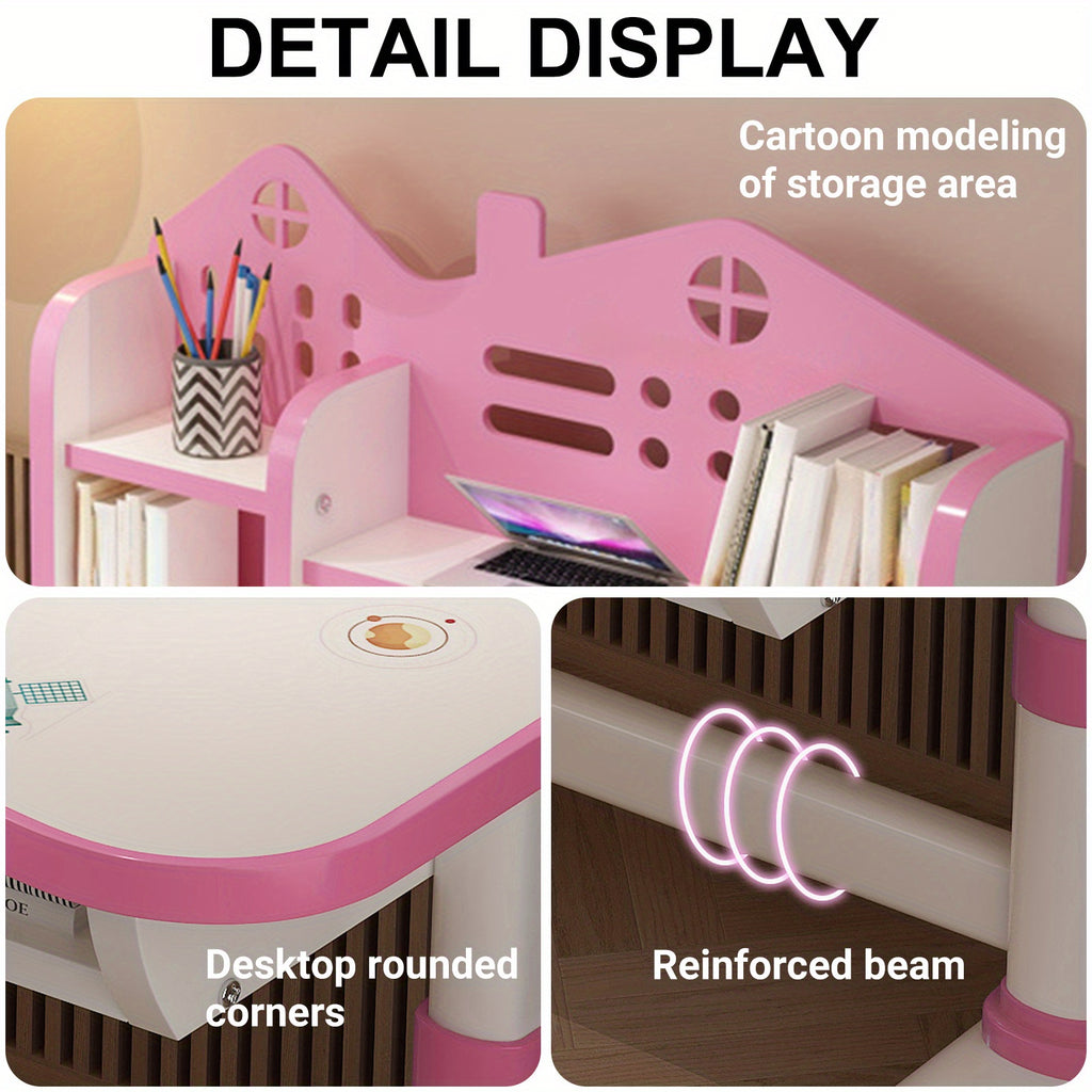 Multi Bookcase Wider Desktop Table and Chair Set Cartoon Pattern Adjustable Height Study Drawer Table with Chair