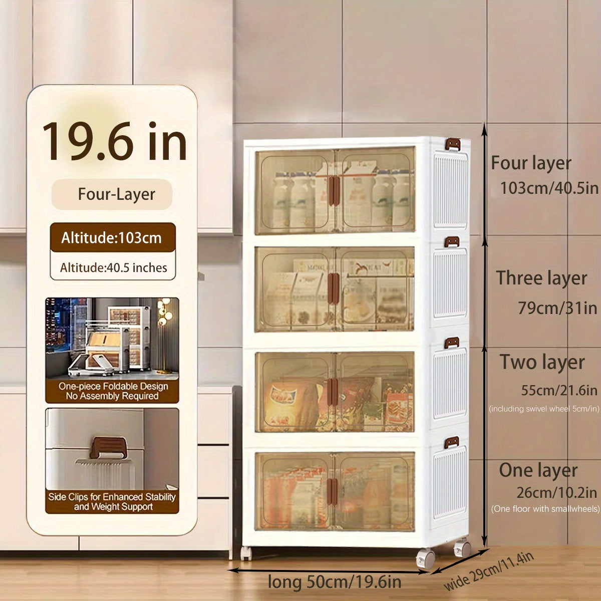 19.69inch Large Heavy-Duty White PP Plastic Foldable & Collapsible Storage Cabinet with ic Doors & Locking Drawers