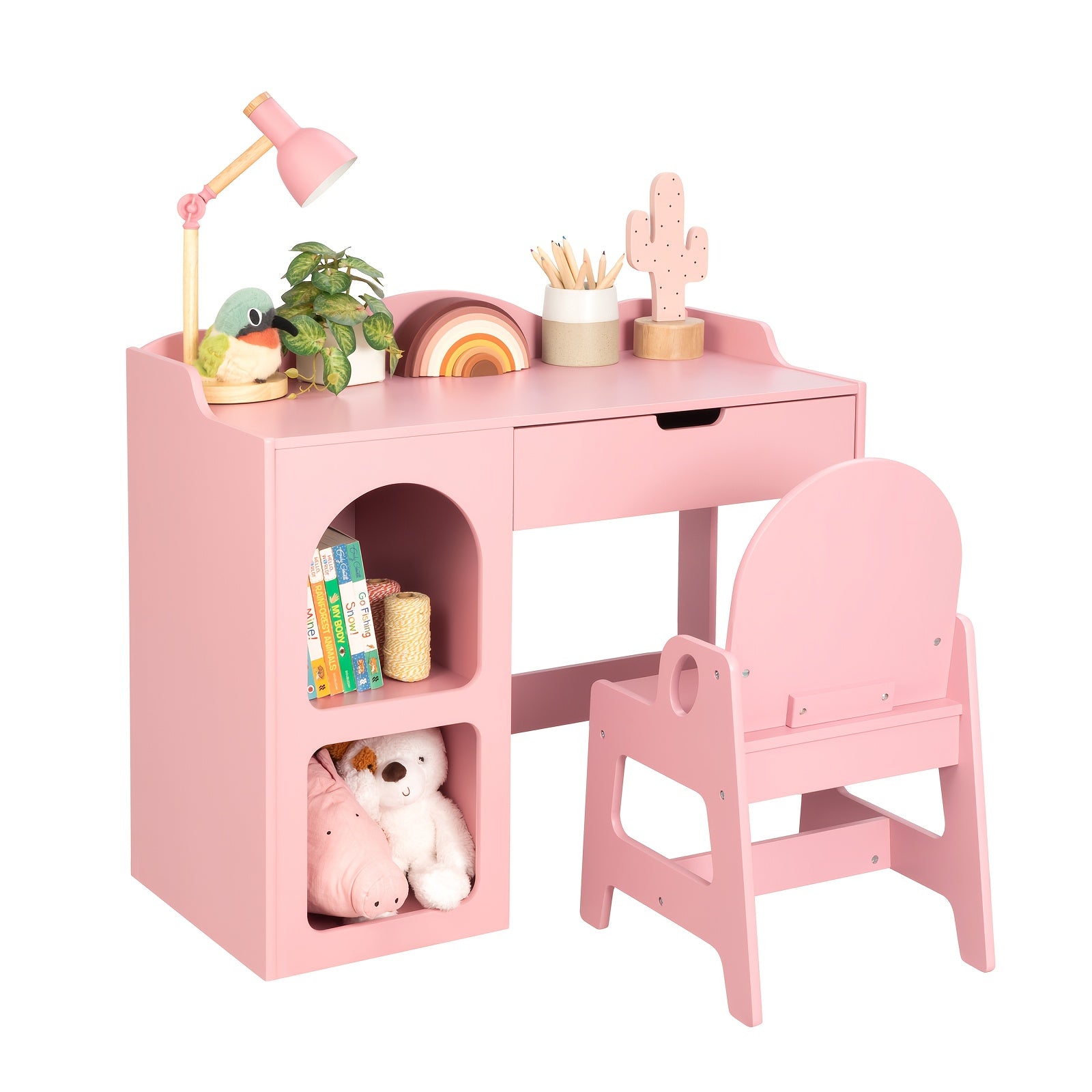 Pink Girls' Modern Study Table and Chair Set with Storage Shelf - Sturdy Hardwood Construction