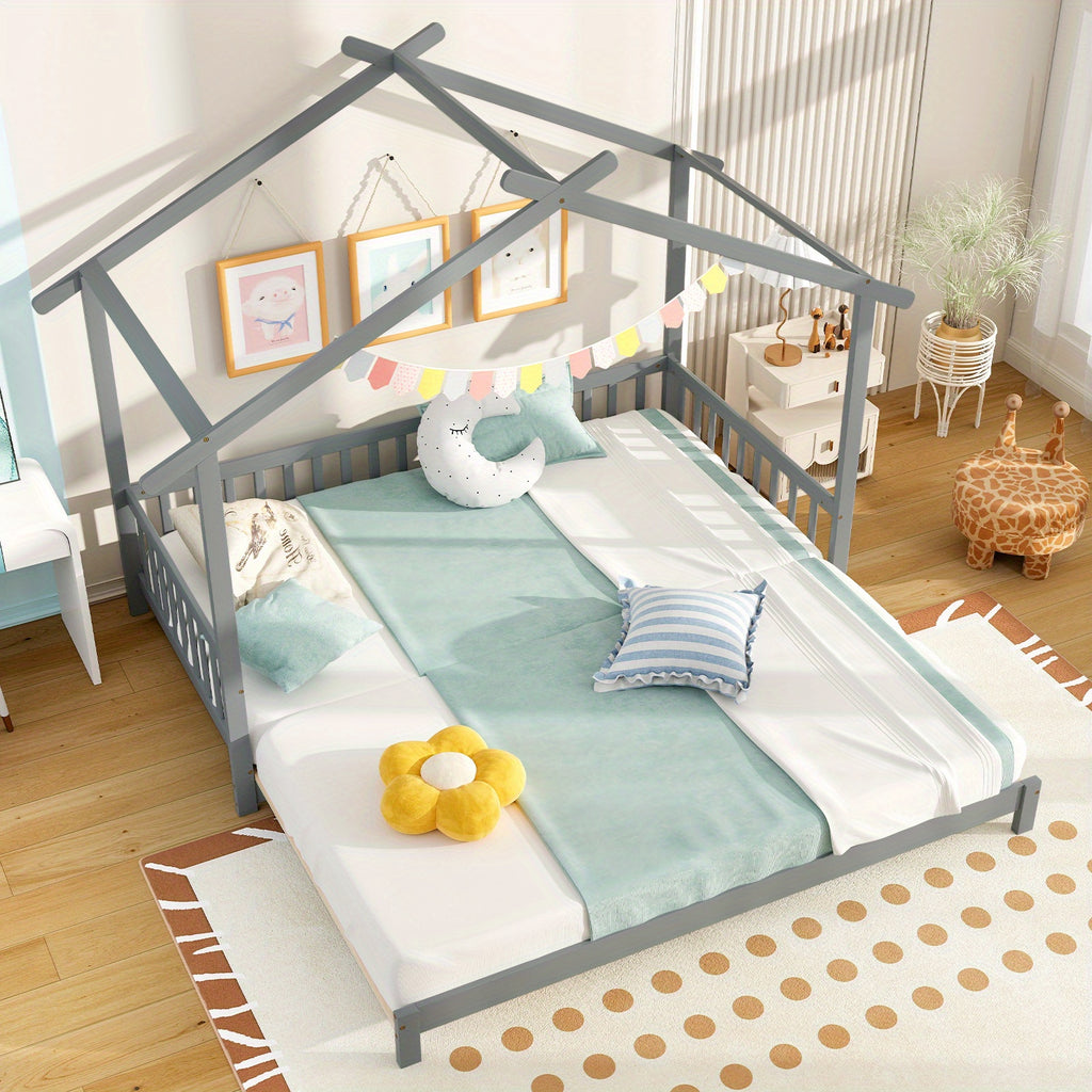 Versatile Extendable Youngsters' House Bed - Twin to King Size, with Roof & Safety Rails