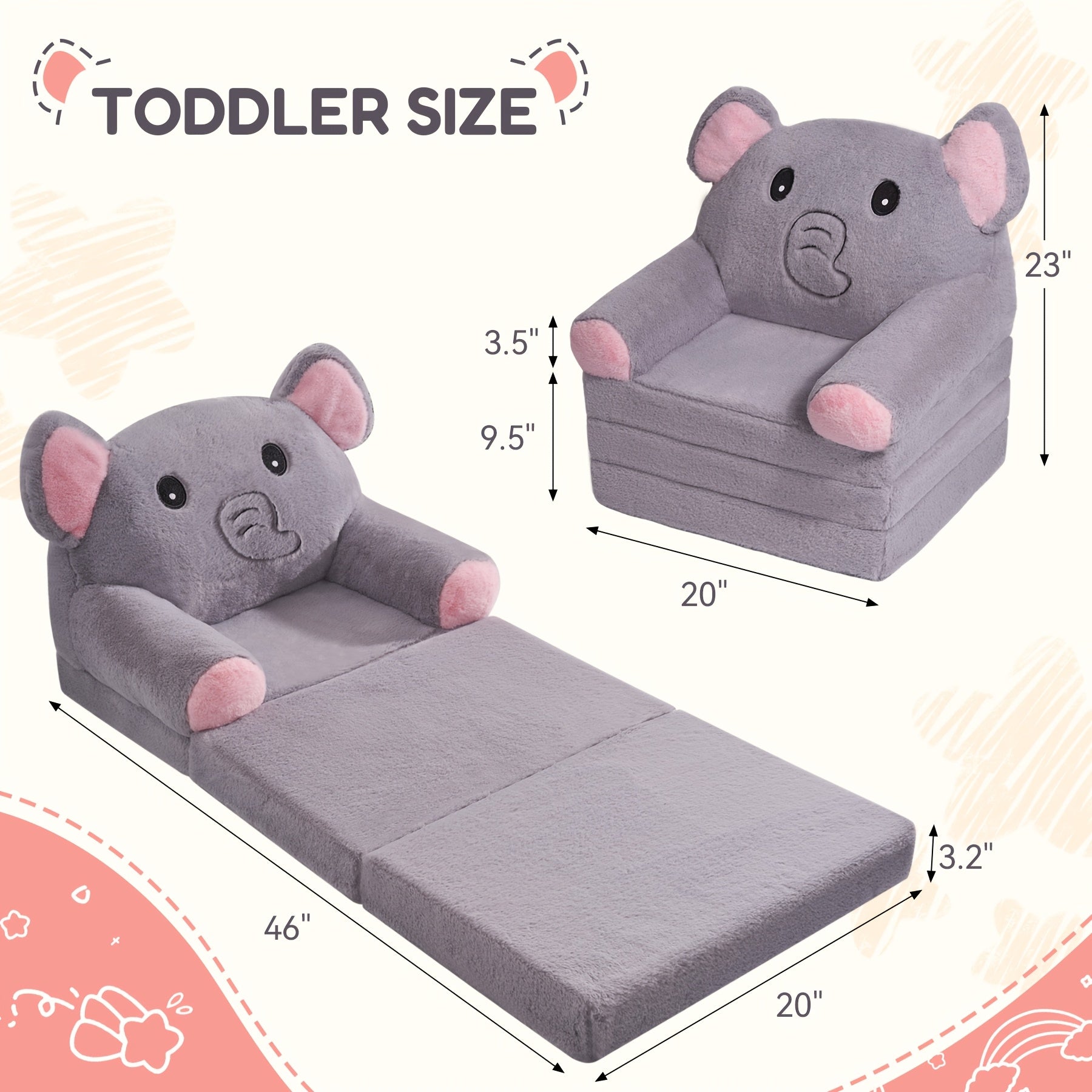 Kids Sofa Chair For, 2-in-1 Folding Soft Couch, Velvet Of Coral Washable Polyester\u002FMemory Foam