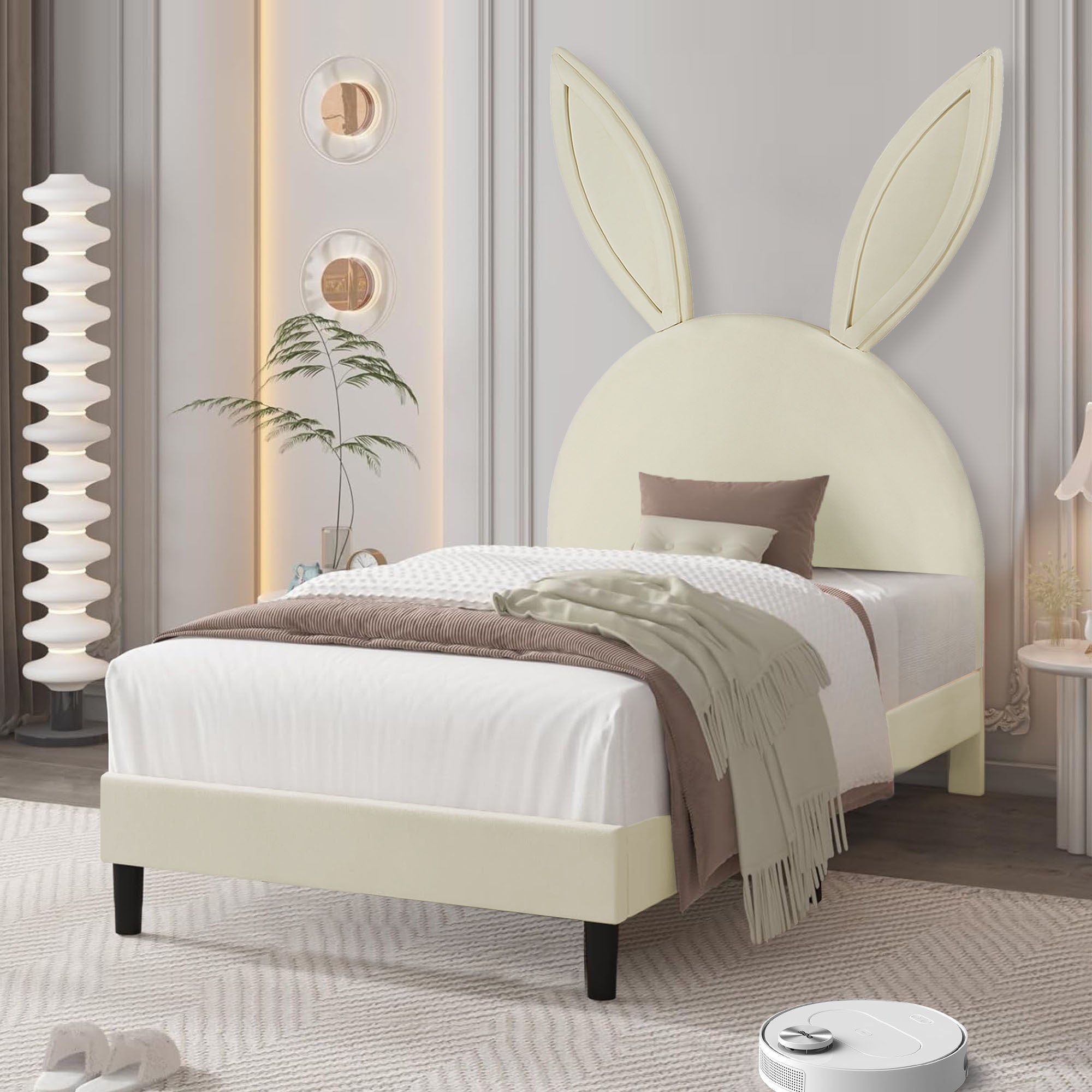 Twin Size Bed Frame with Upholstered Bunny Ears Headboard Wooden Slats Support No Boxing Spring Needed