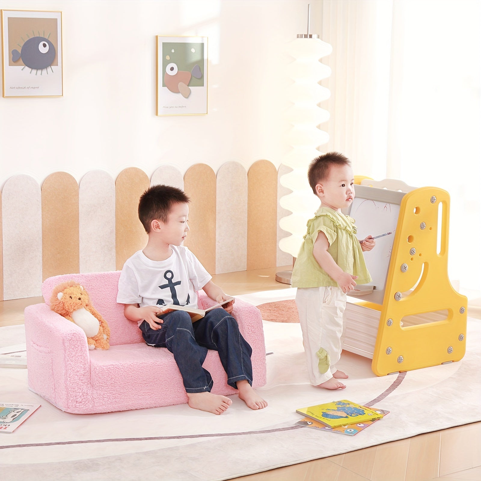 Tiita Kids Sofa Chair, 2 In 1 Toddler Fold Out Couch, Comfy Kids Sofa For Playroom-Extra Soft 2 Seats