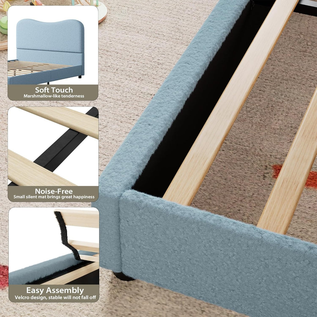 GAOMON Twin Bed Frame with Velvet Upholstered Headboard - Low Profile Platform Bed for Girls & Boys