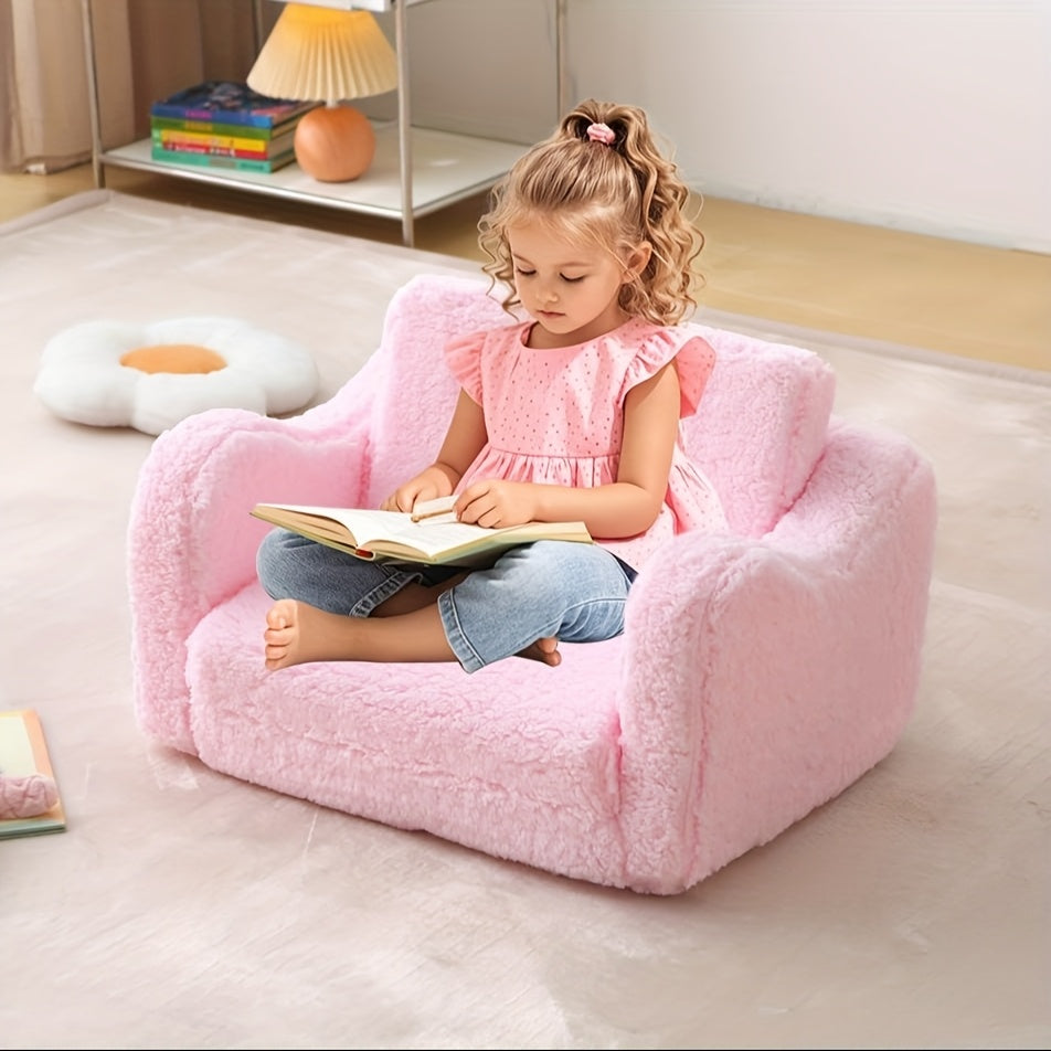 2-in-1 Convertible Sherpa Sofa to Recliner Chair - Soft Plush Gray\u002FPink\u002FWhite Youngsters Lounge Chair with Storage Pocket