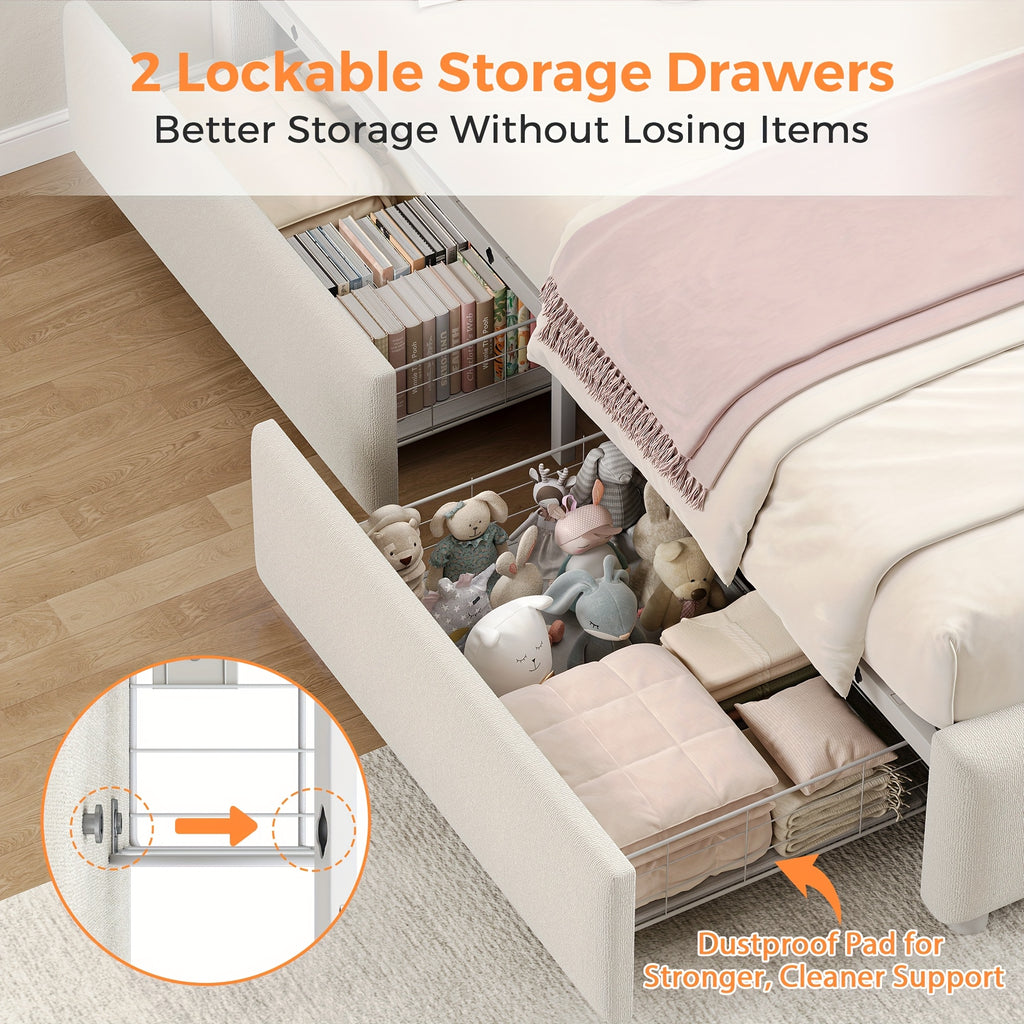 TWIN Size Fabric Bed Frame, with Two Storage Drawers, Detachable Headboard Pillows