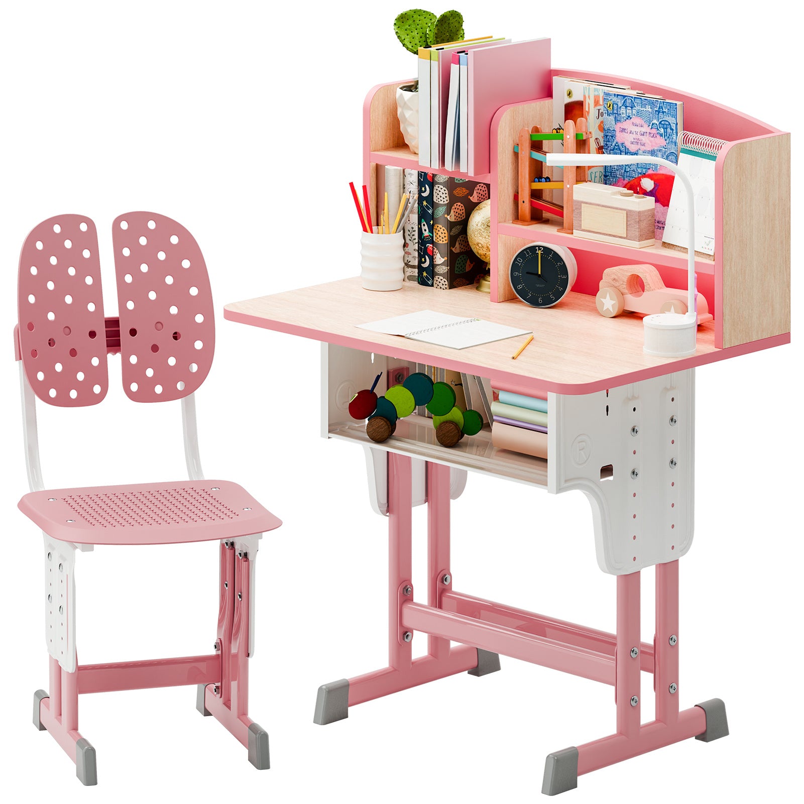 2Pcs\u002FSet Desk Chair Set, Adjustable Height School Leaning Table Chair Set with Drawer Design