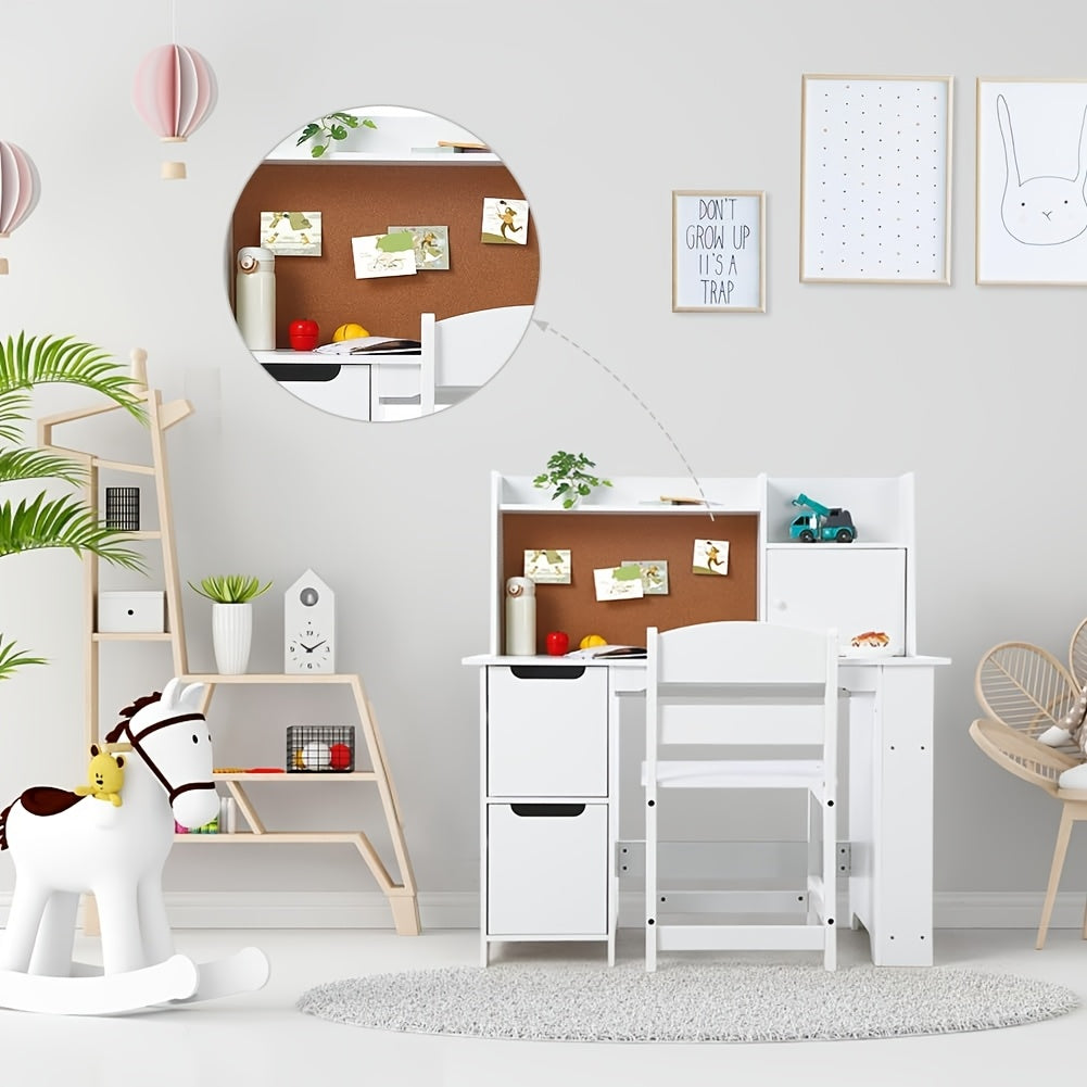 Kids Study Desk and Chair Set with Storage - White Learning Table with Bookshelf, Cabinets & Adjustable Chair