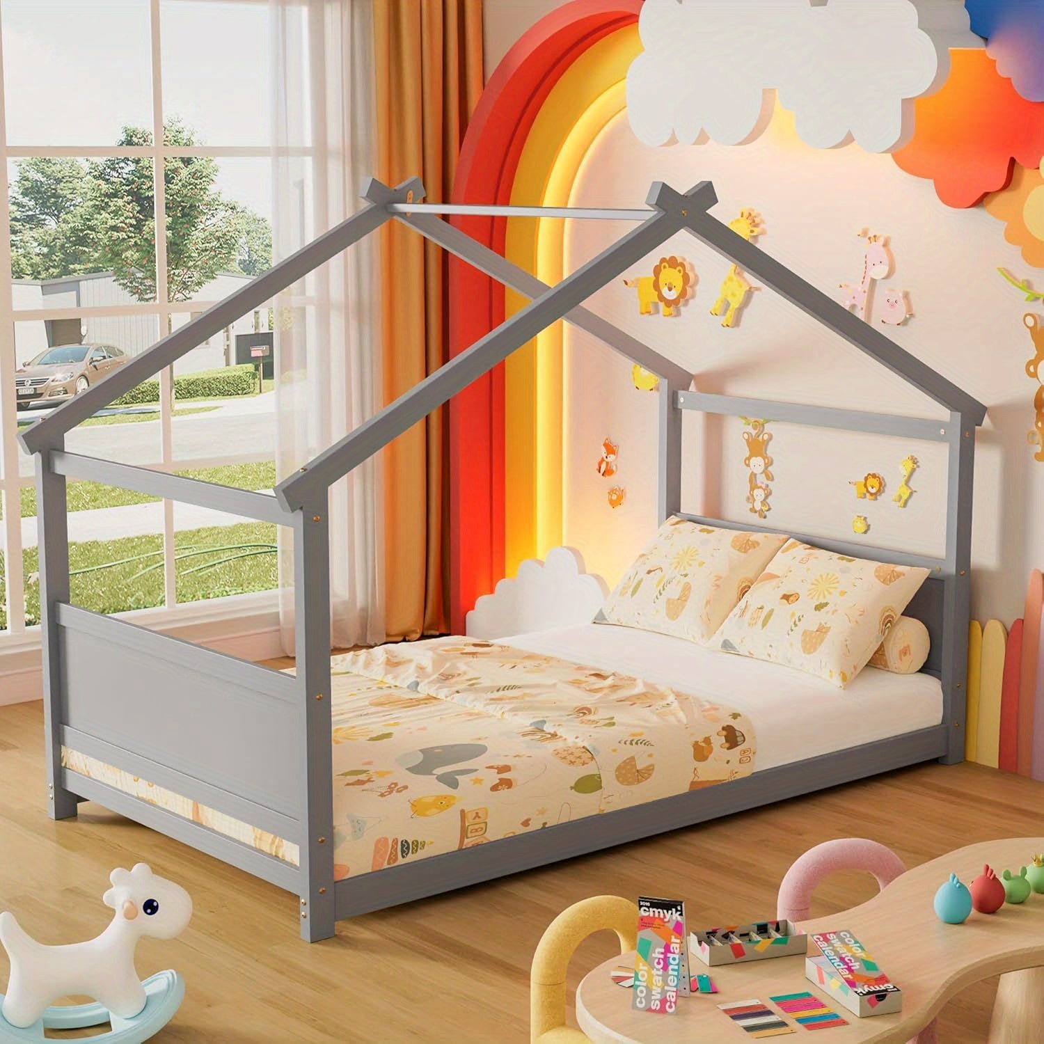 Twin Floor House Bed Frame with Headboard & Footboard - Sturdy Hardwood Construction, Space-Saving Floor Bed for Toddlers