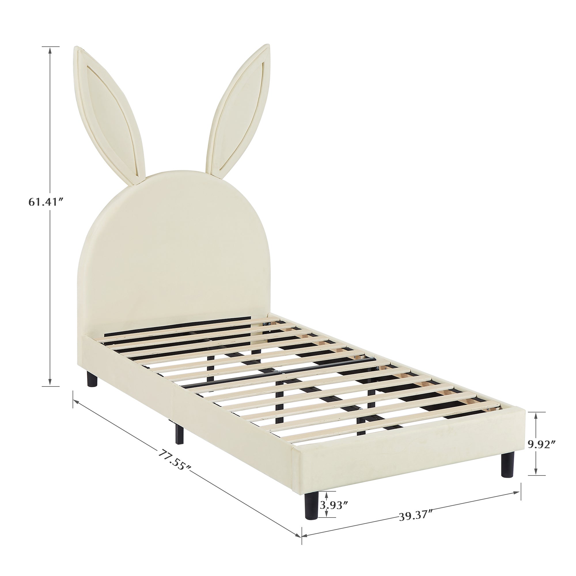 Twin Size Bed Frame with Upholstered Bunny Ears Headboard Wooden Slats Support No Boxing Spring Needed