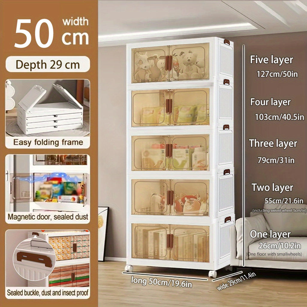 19.69inch Large Multi-Layer Storage Cabinet with Wheels & Doors - Heavy-Duty Plastic Organizer with Foldable Design
