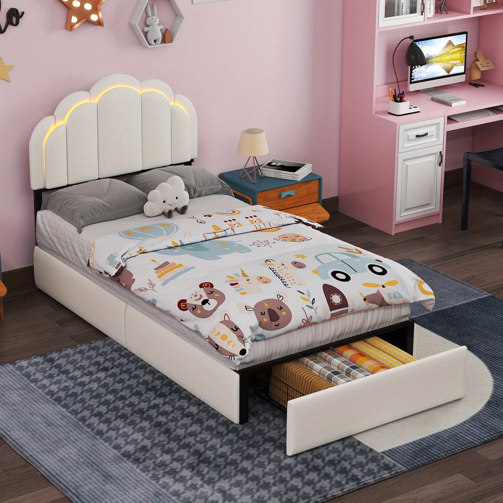 Twin\u002FFull Upholstered LED Bed Frame with Storage Drawer and Chic Double Wavy Headboard