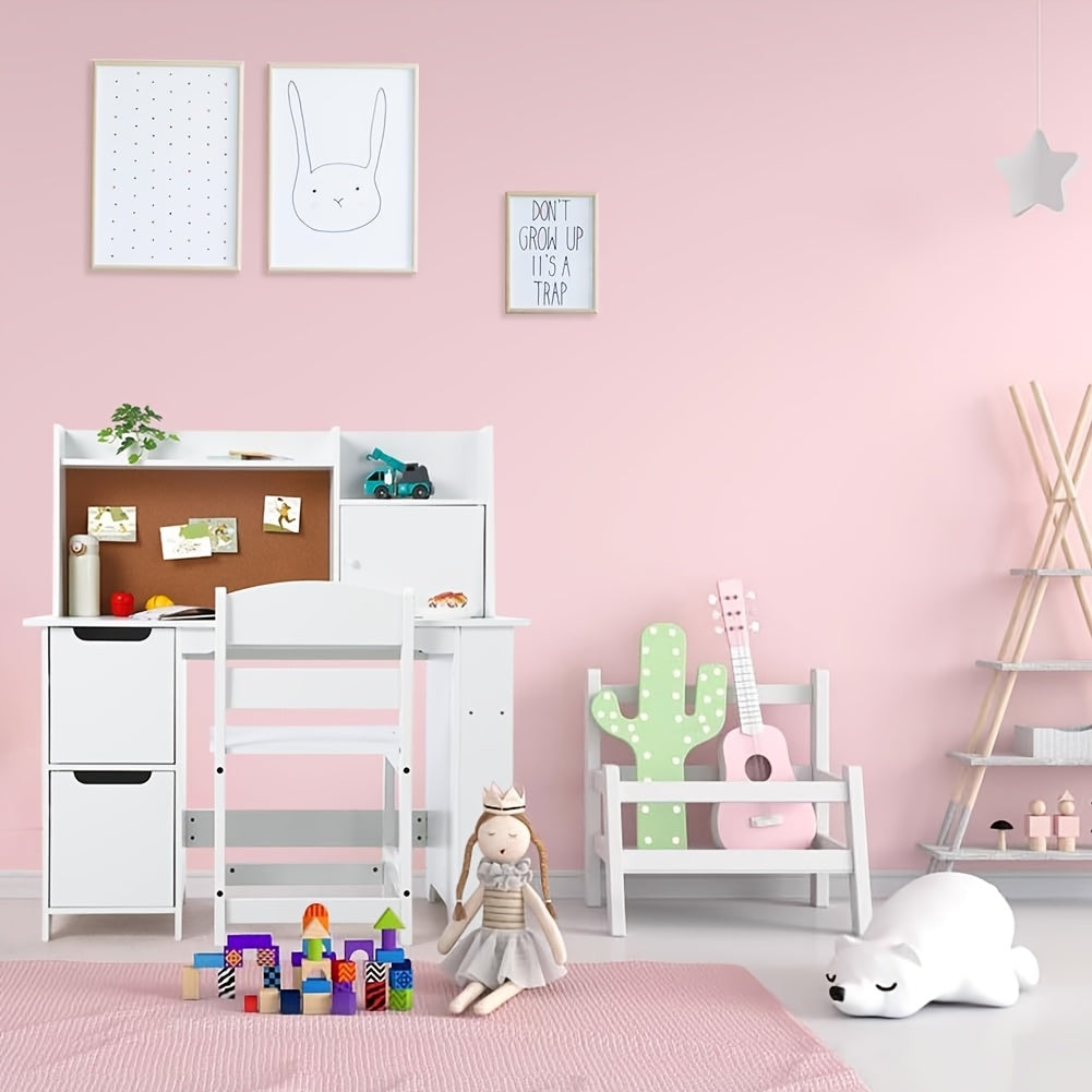 Kids Study Desk and Chair Set with Storage - White Learning Table with Bookshelf, Cabinets & Adjustable Chair